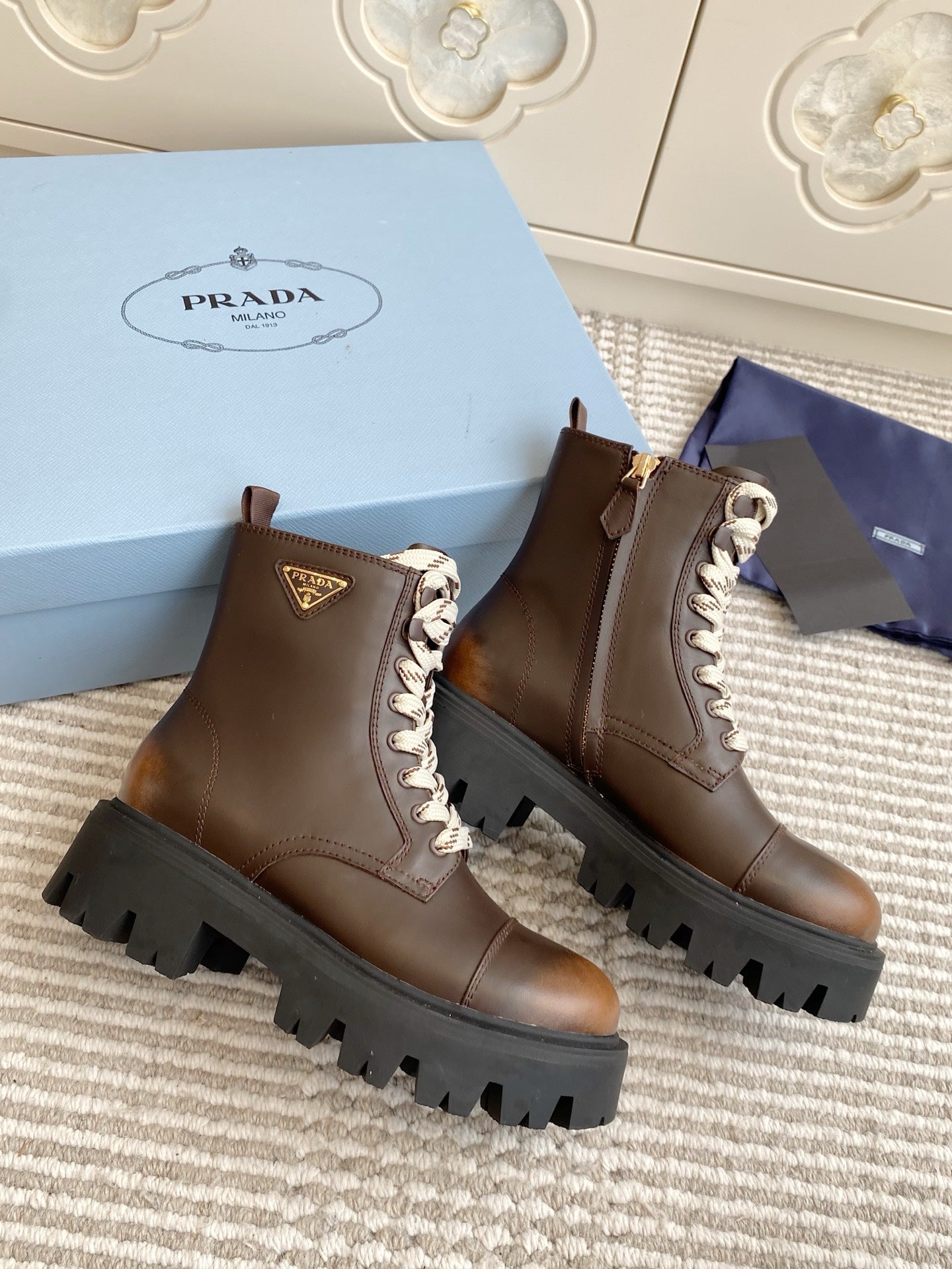 Prada 25 Martin Boot Brown Black Cowhide 501443