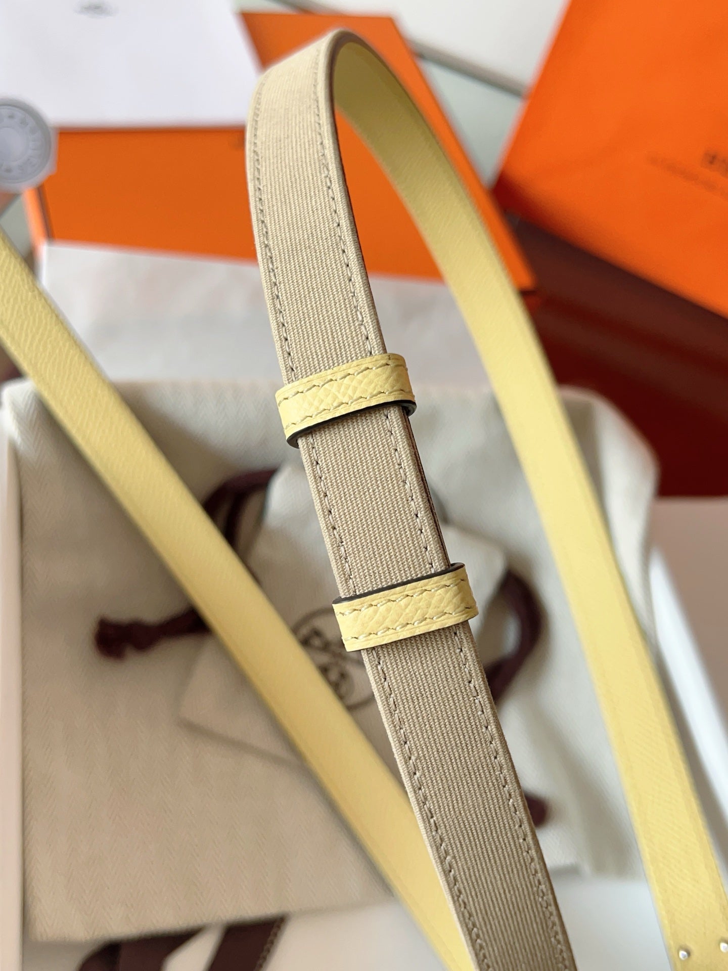 HM Kelly Belt 18mm Beige Canvas Epsom Leather Silver Buckle