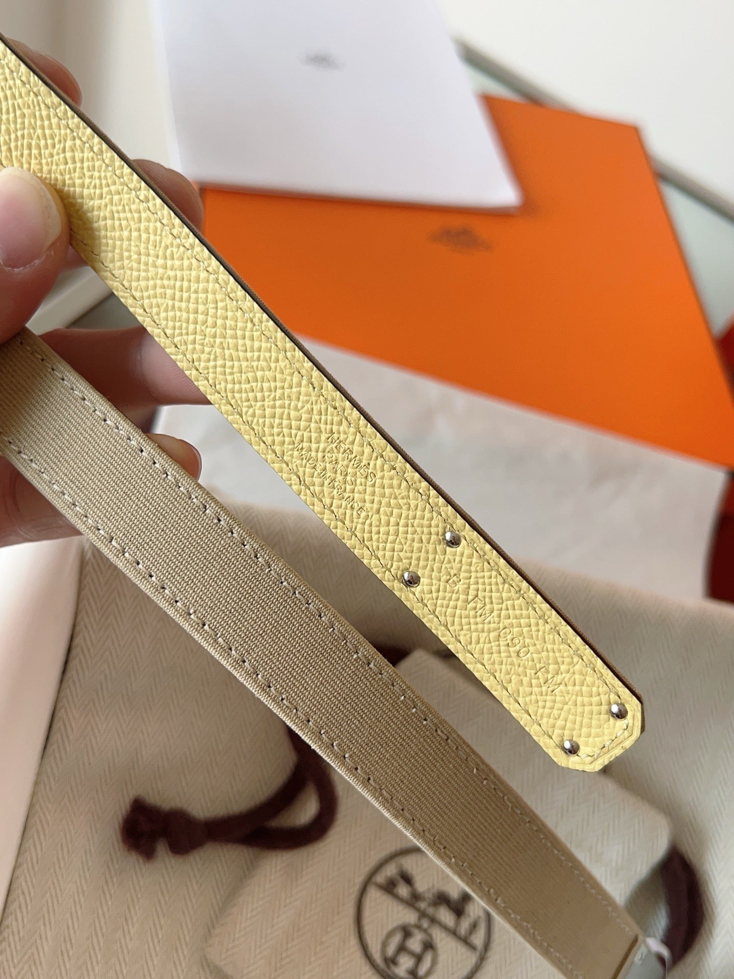 HM Kelly Belt 18mm Beige Canvas Epsom Leather Silver Buckle