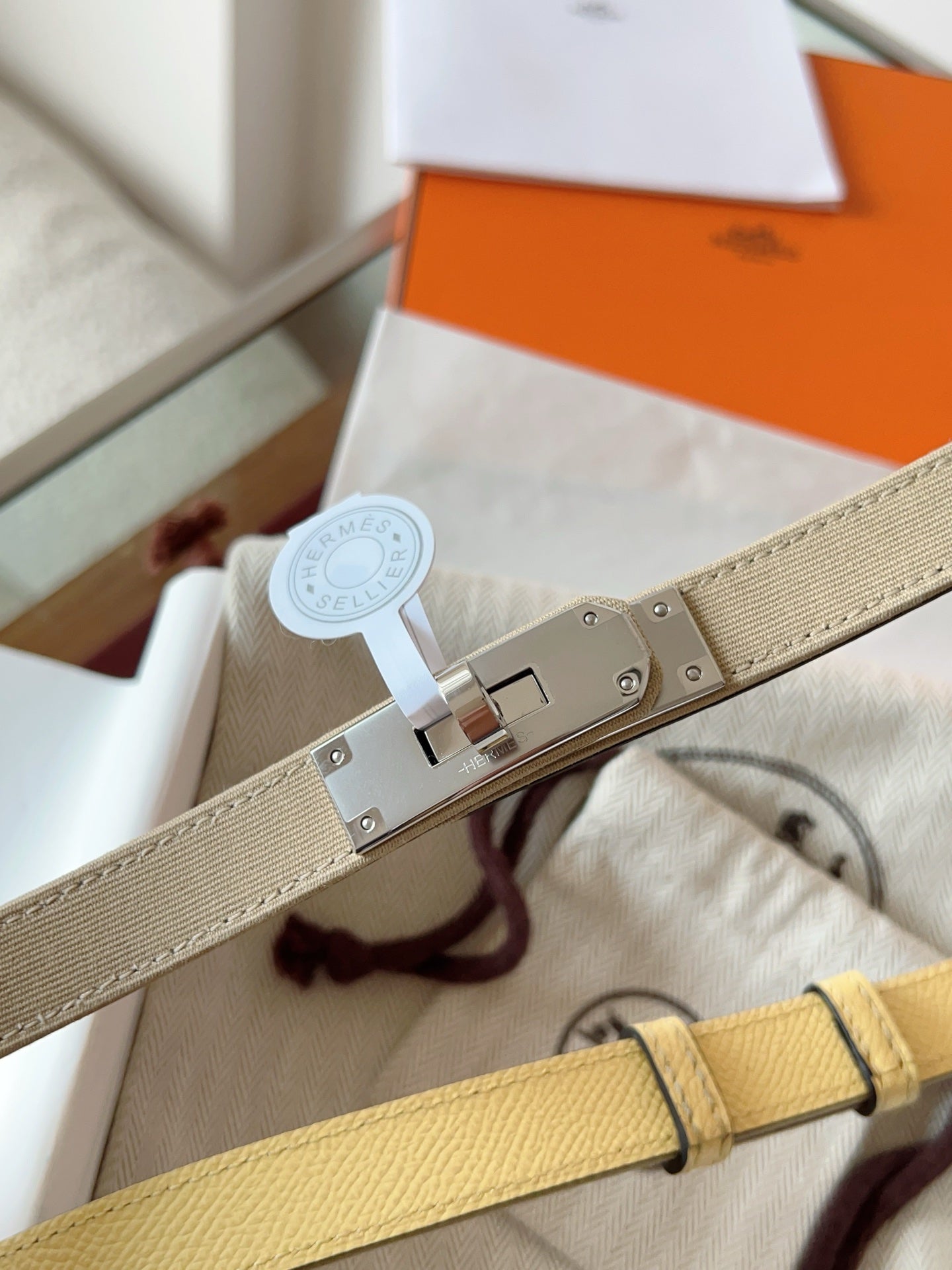 HM Kelly Belt 18mm Beige Canvas Epsom Leather Silver Buckle