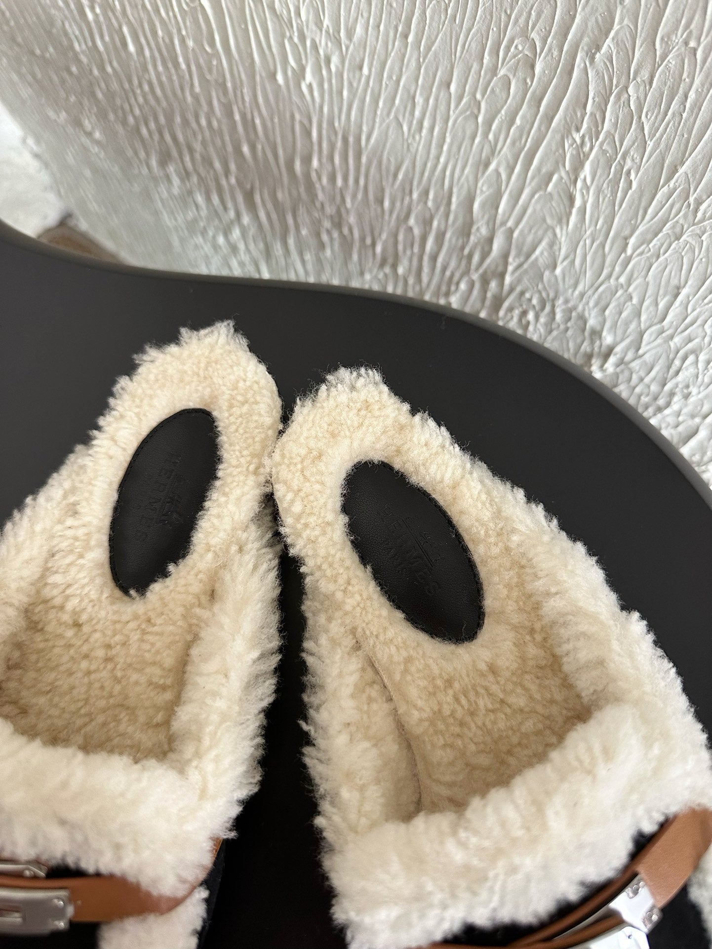 HM Oz Mule Black Mix White Suede Lined With Wool Fleece 961091