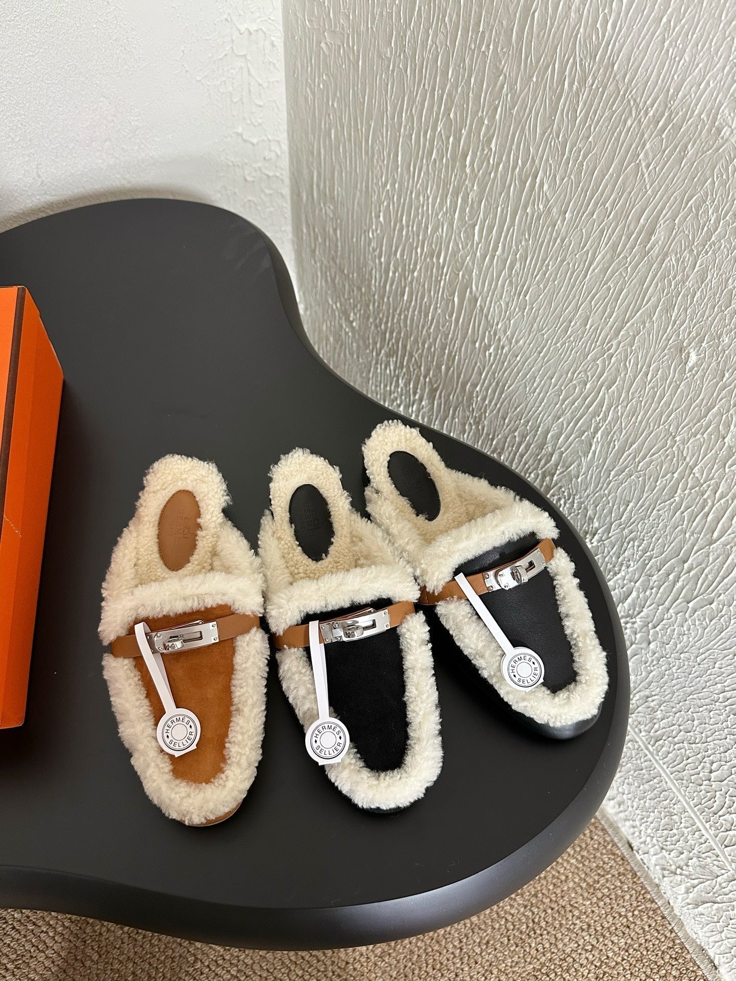 HM Oz Mule Black Mix White Suede Lined With Wool Fleece 961091