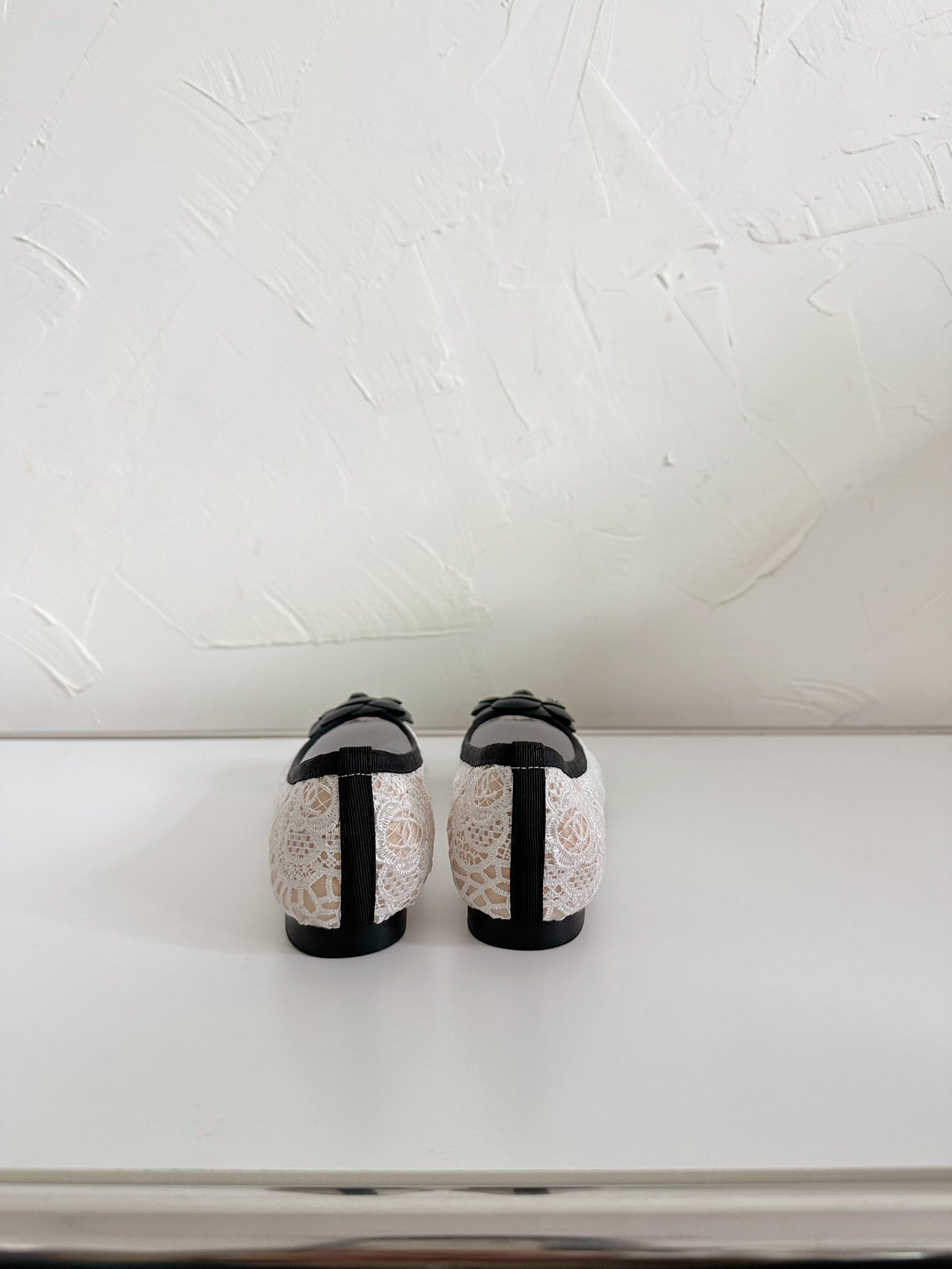 Ballet Flats White Lace Mesh Black Grosgrain Flower