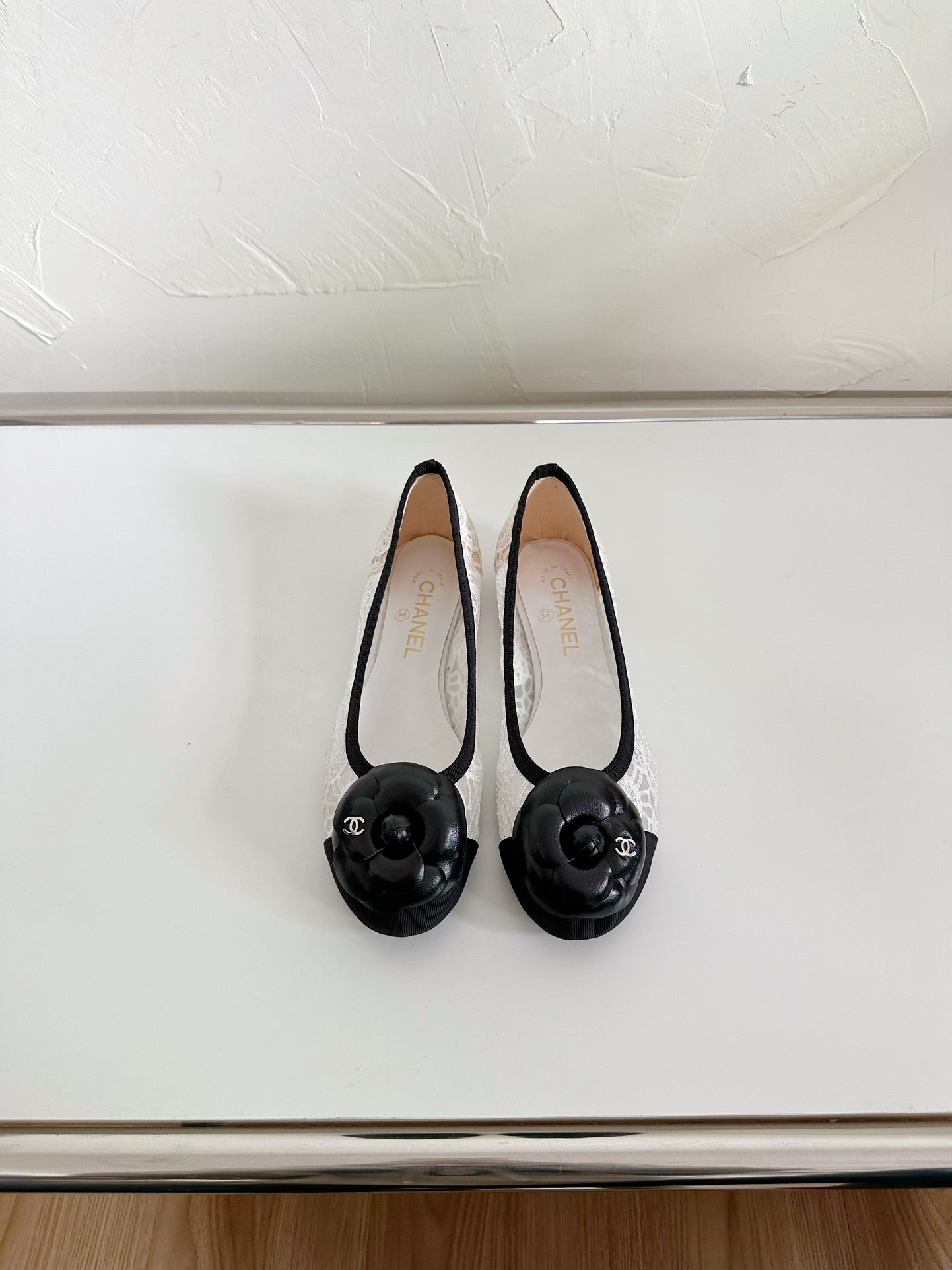 Ballet Flats White Lace Mesh Black Grosgrain Flower