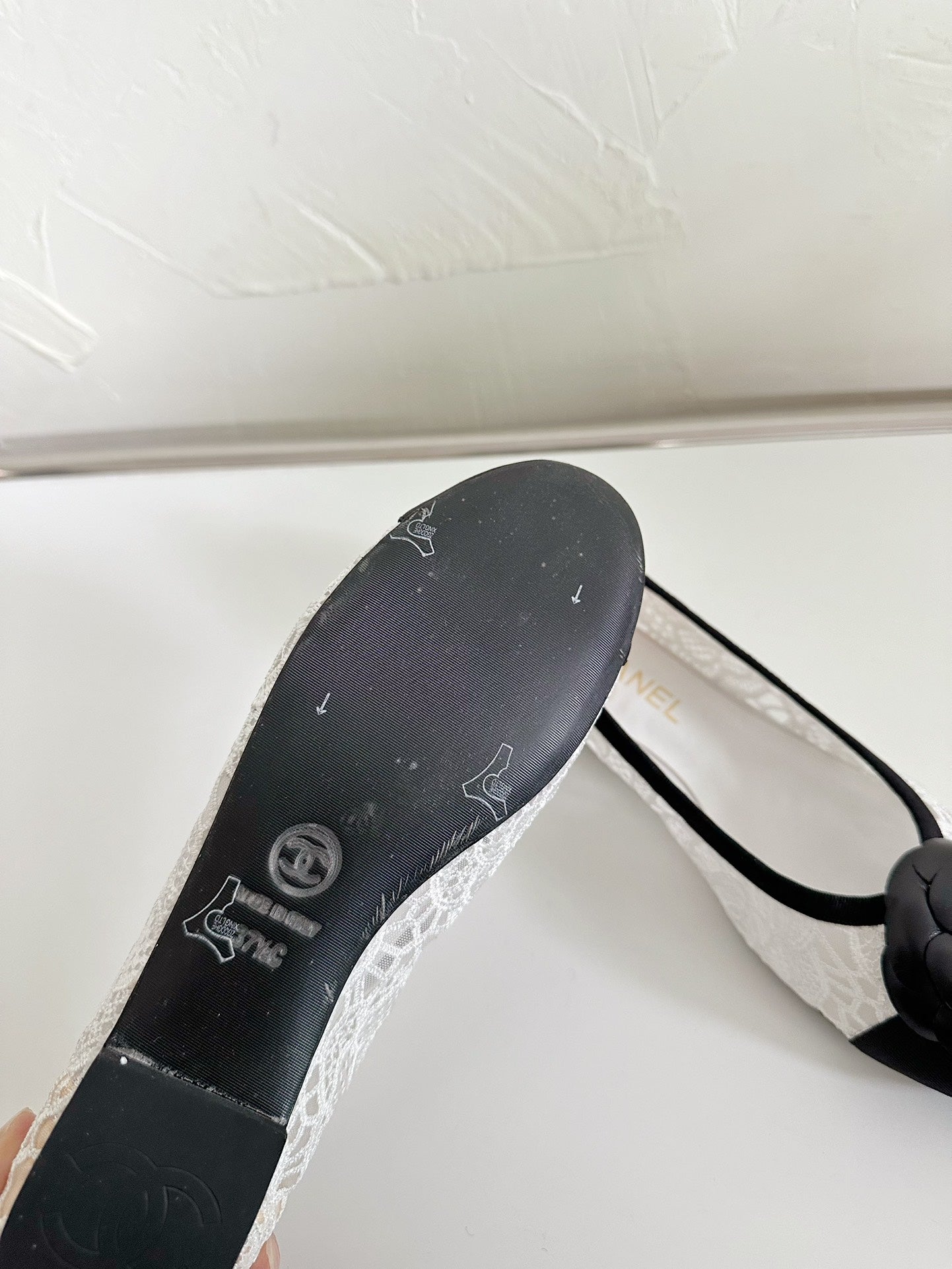 Ballet Flats White Lace Mesh Black Grosgrain Flower