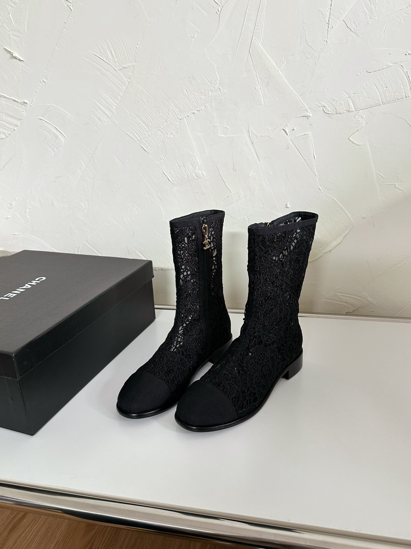 CC Boots Flower Black Lace Mesh Grosgrain