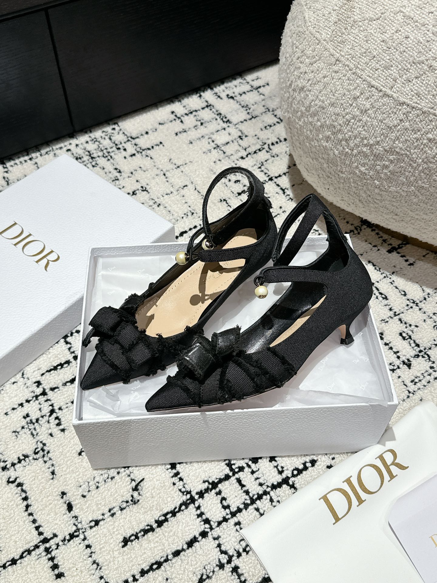 CD Adiorable pump 45 Black Fringed Grosgrain