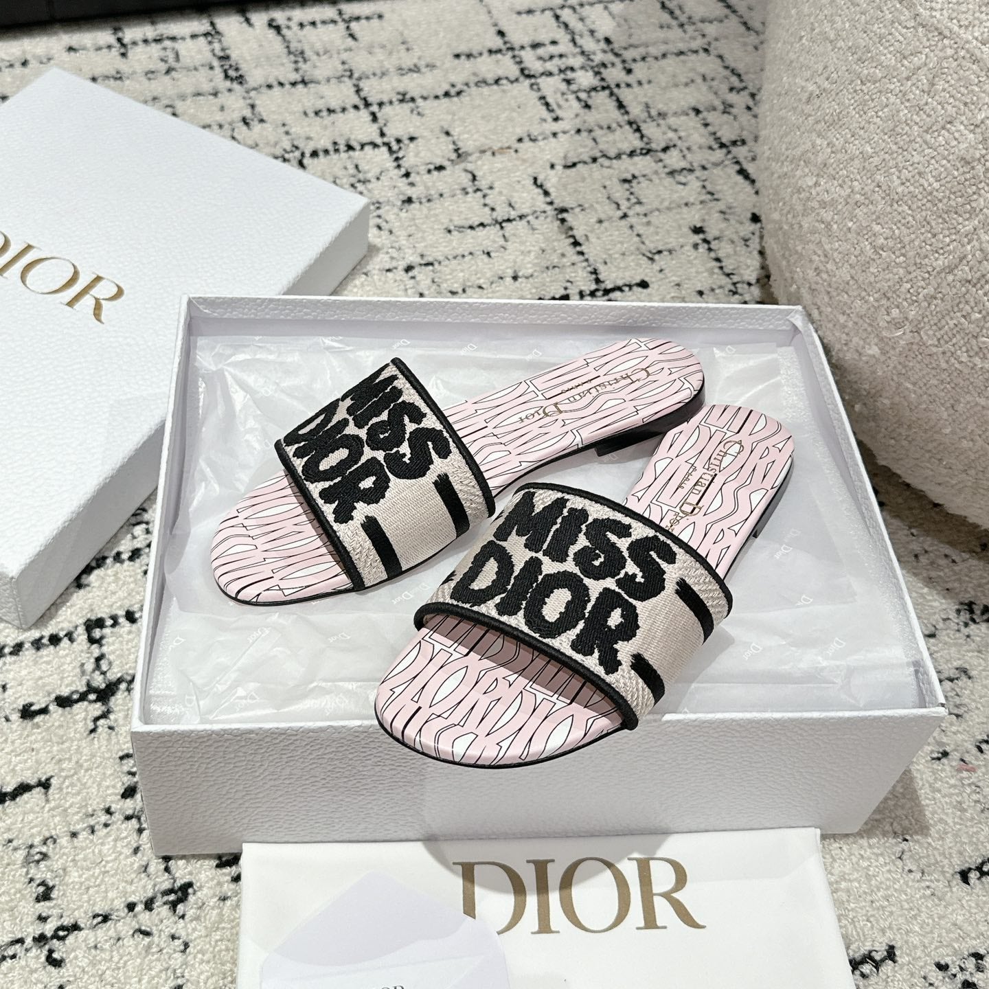 CD Dway Slide Pink Mix Black Embroidered Cotton