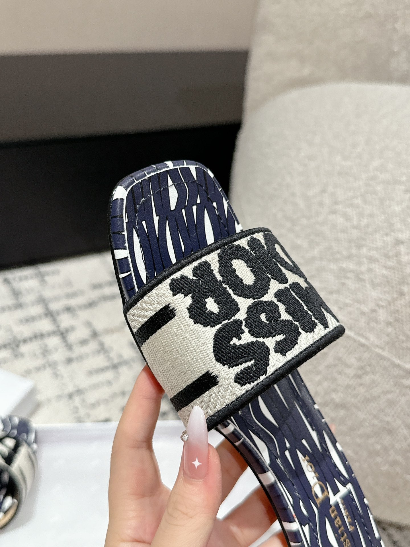 CD Dway Heeled Slide Deep Blue Mix Black White Embroidered Cotton