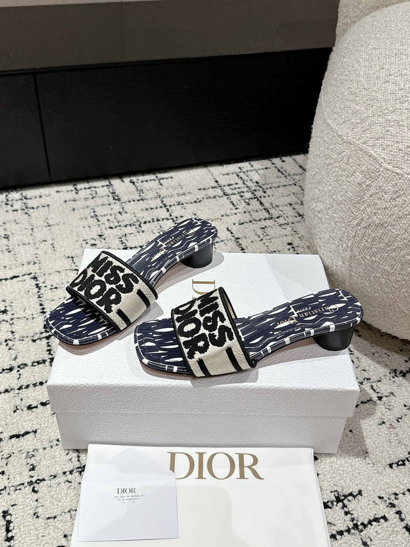 CD Dway Heeled Slide Deep Blue Mix Black White Embroidered Cotton