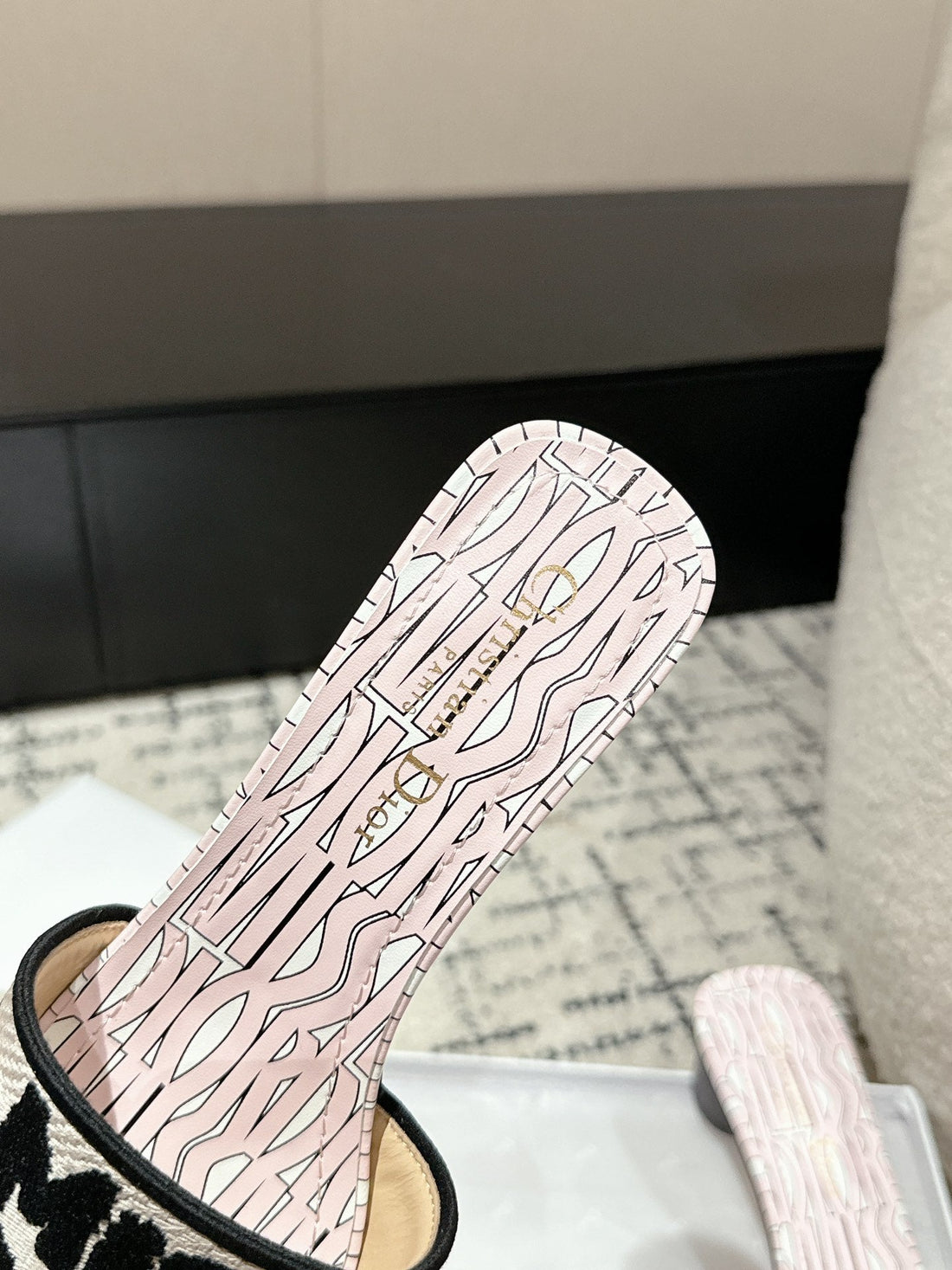 CD Dway Heeled Slide Light Pink Black Embroidered Cotton