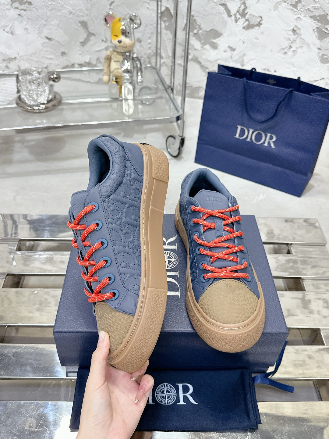 CD B33 Sneaker 40mm In King Blue Mix Brown Monogram Satin Embroidery Fabric 103992