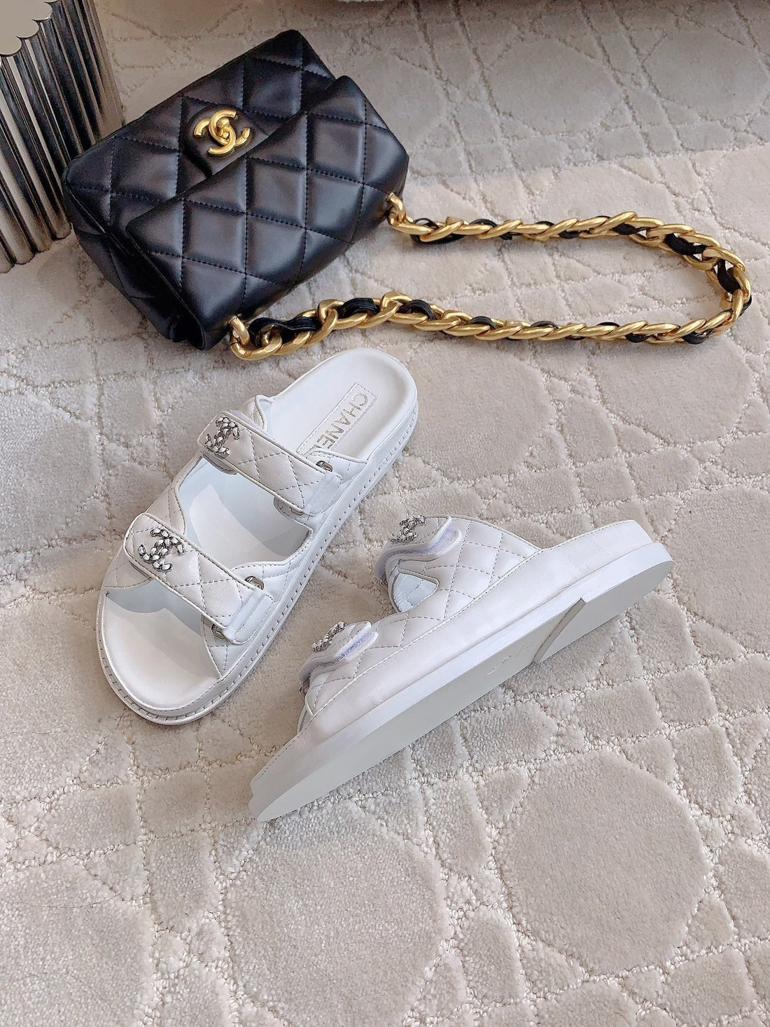 dad sandal mule white lambskin silver buckle