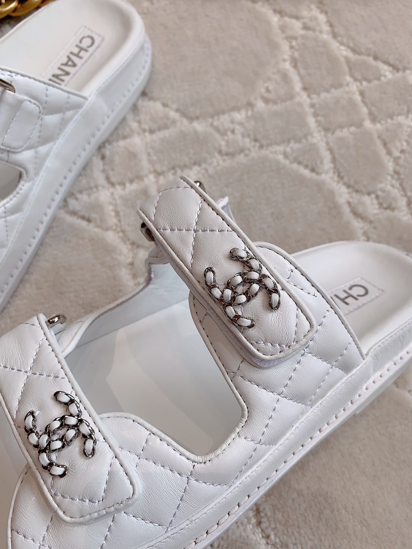 dad sandal mule white lambskin silver buckle