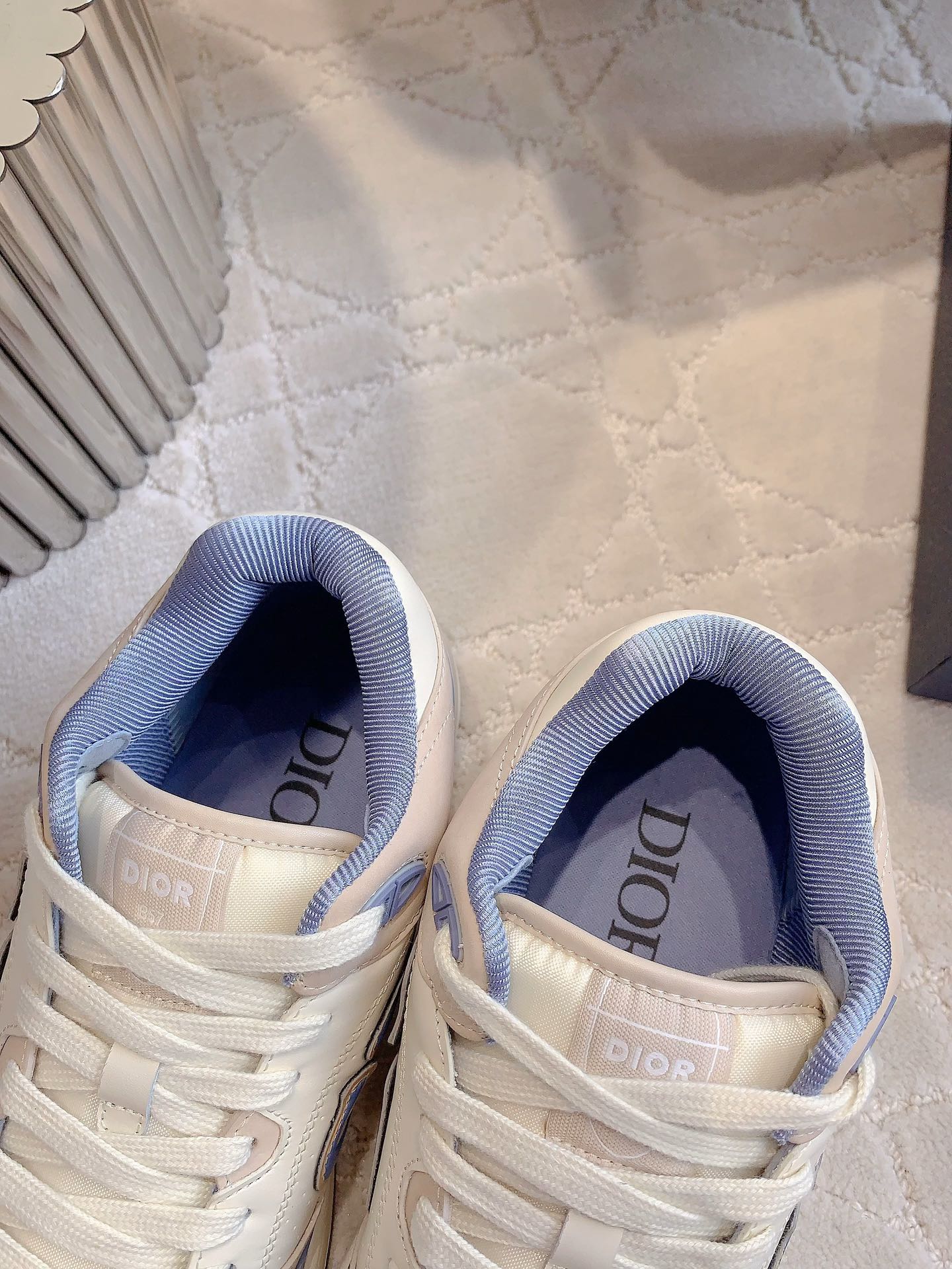 CD B57 Mid-Top Sneaker White Beige Mix Light Blue Calfskin And Oblique Jacquard