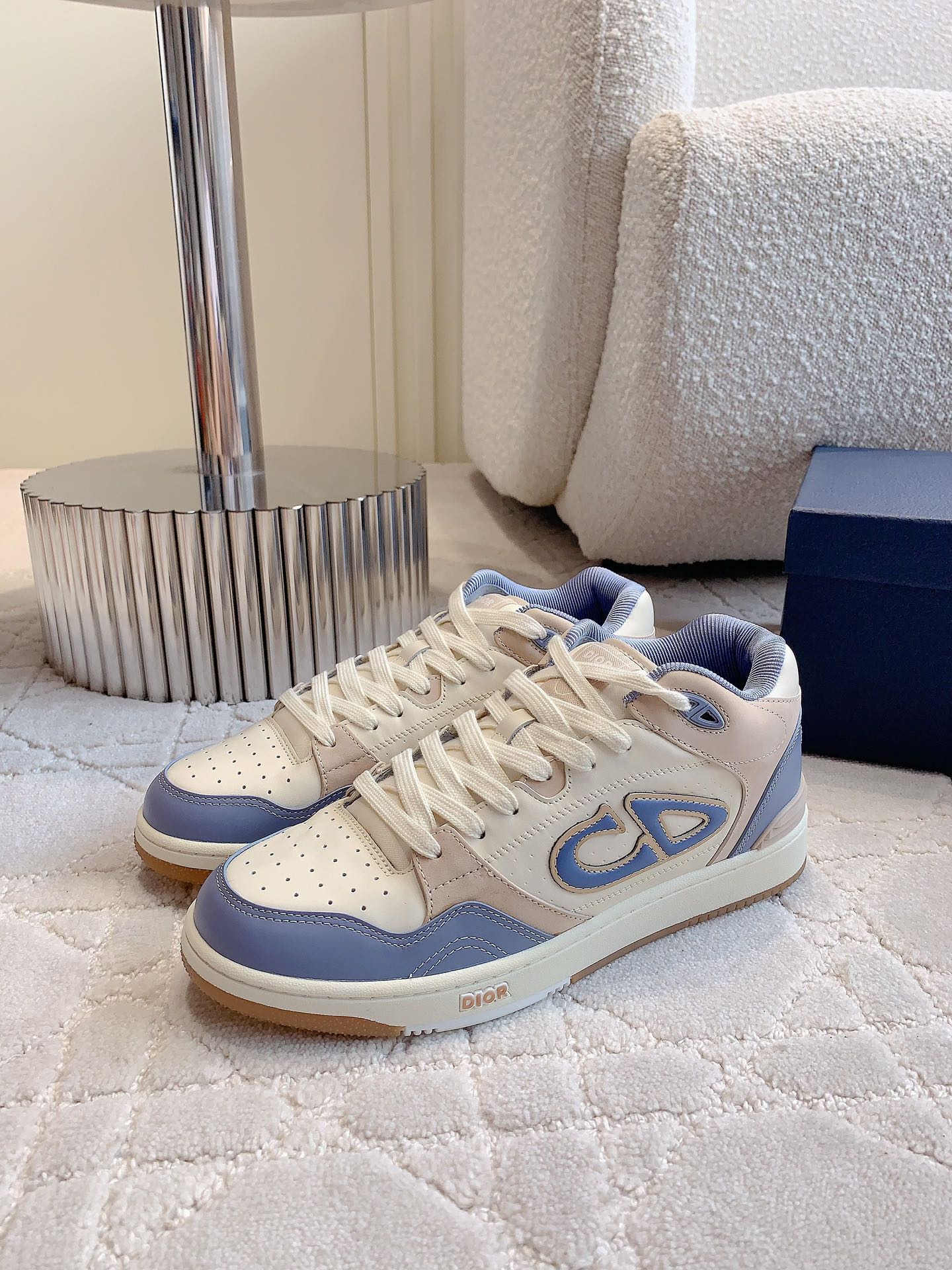 CD B57 Mid-Top Sneaker White Beige Mix Light Blue Calfskin And Oblique Jacquard