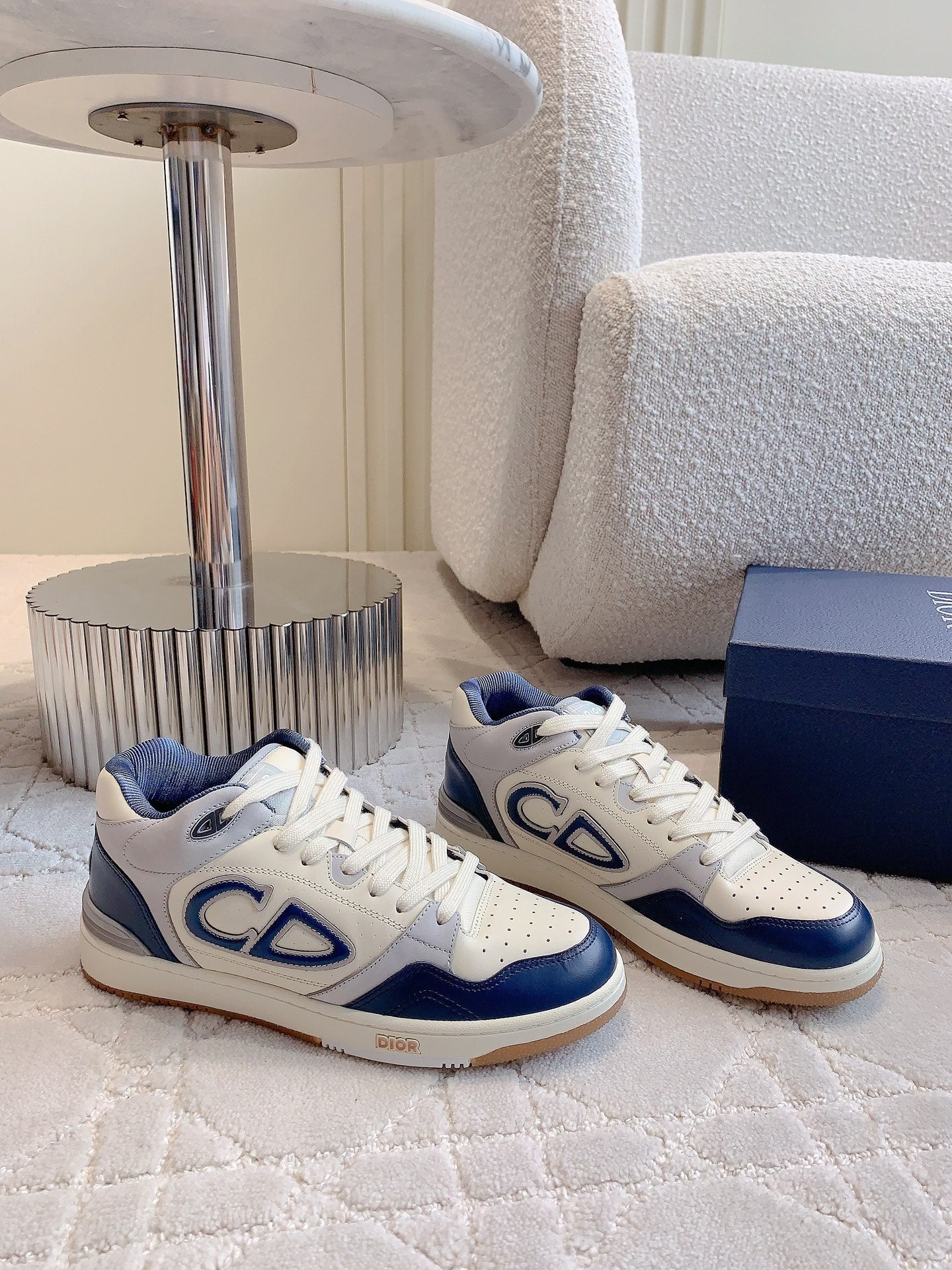 CD B57 Mid-Top Sneaker White Grey Mix Dark Blue Calfskin And Oblique Jacquard
