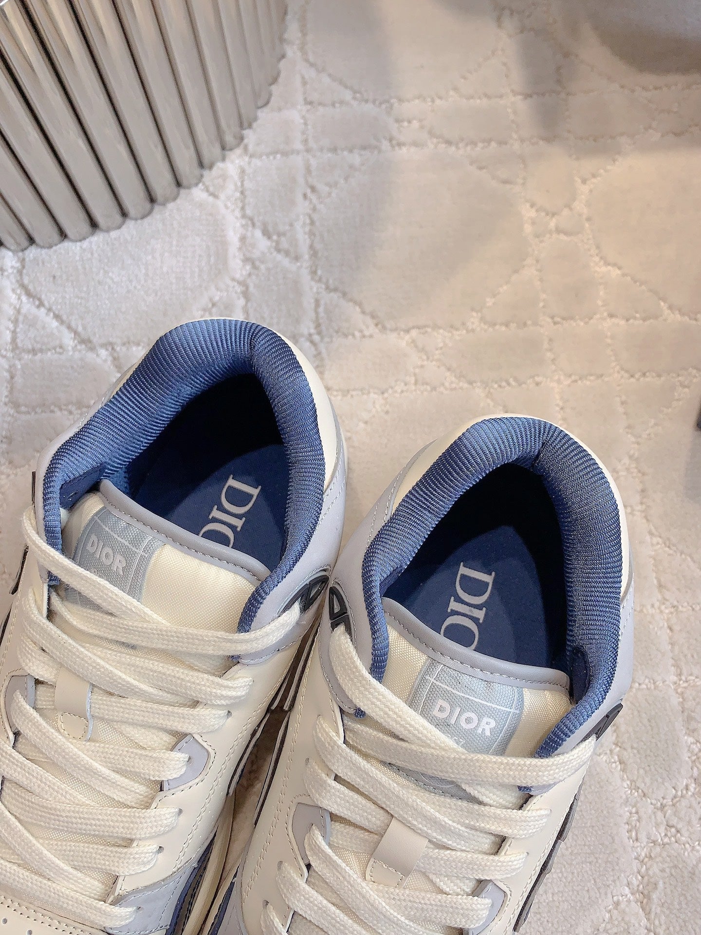 CD B57 Mid-Top Sneaker White Grey Mix Dark Blue Calfskin And Oblique Jacquard