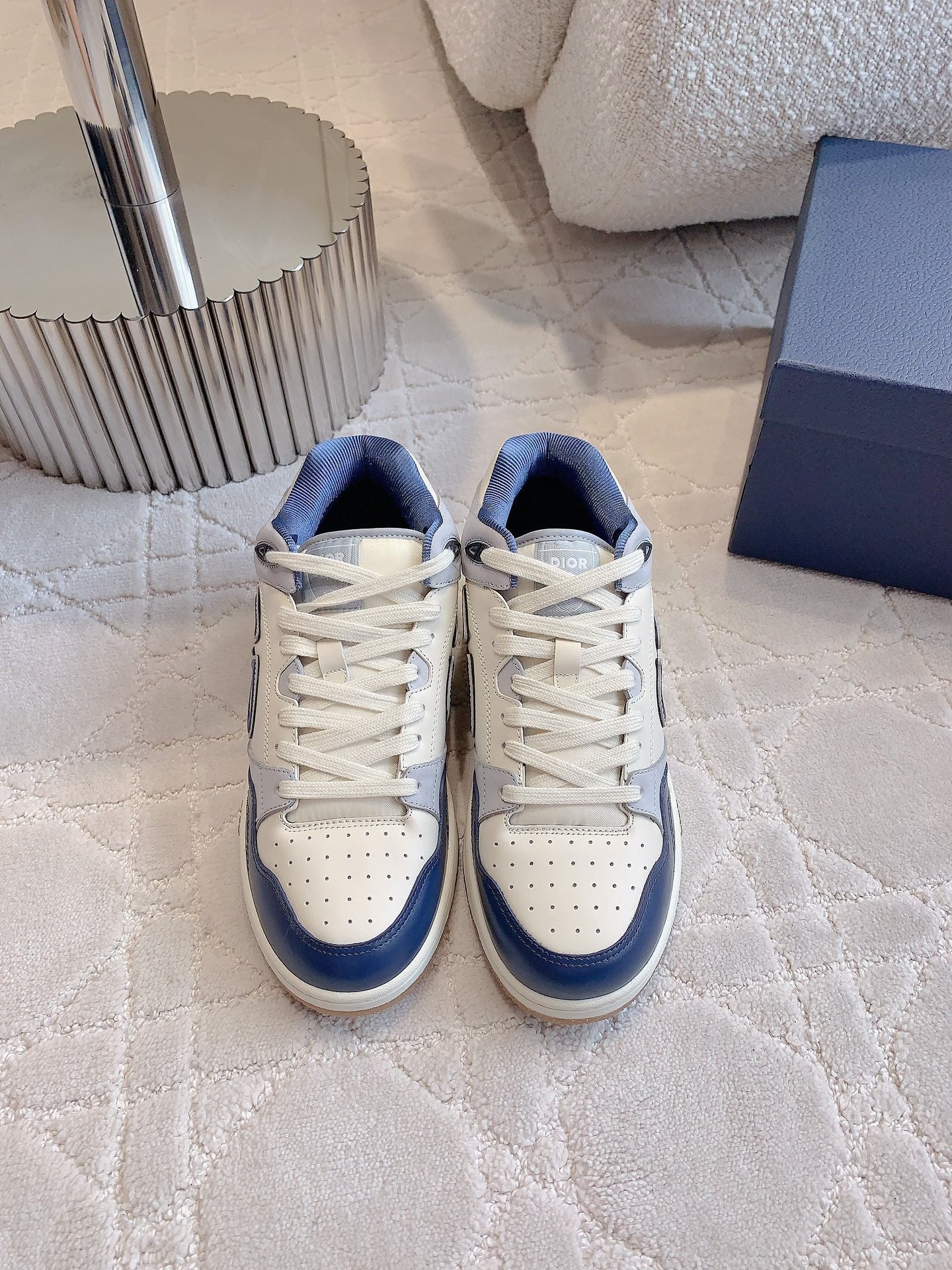 CD B57 Mid-Top Sneaker White Grey Mix Dark Blue Calfskin And Oblique Jacquard