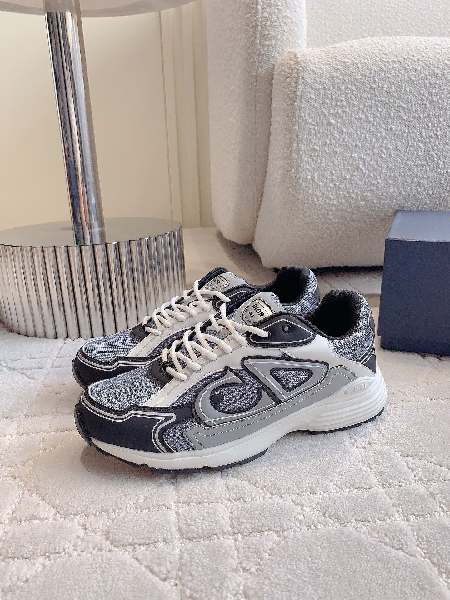 CD B30 Sneaker Cement Grey Mix Black Ivory White Polyester Mesh Fabric And Calfskin