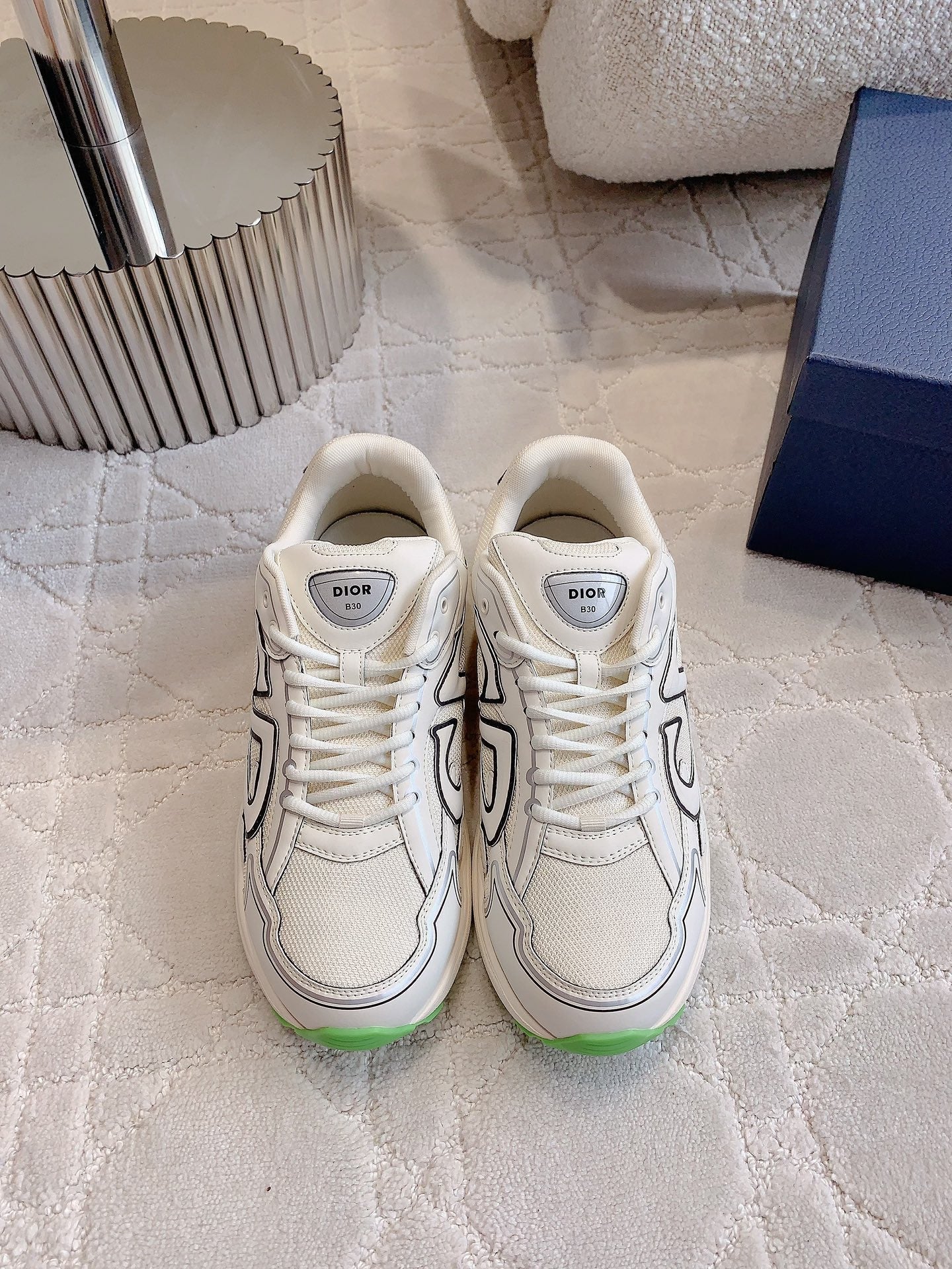 CD B30 Sneaker Milky Beige Mix Green Polyester Mesh Fabric And Calfskin