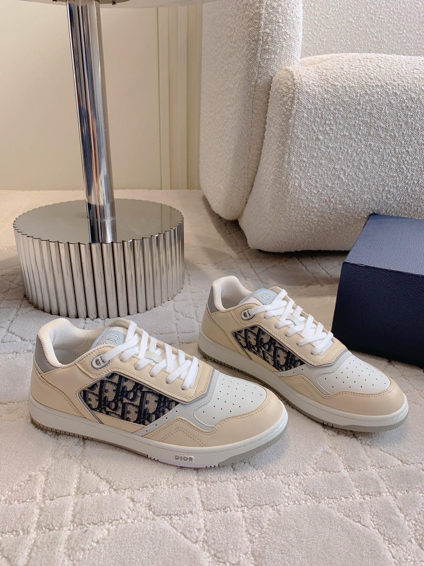 CD B27 Low-Top Sneaker White Beige Mix Charcoal Blue Print Calfskin And Oblique Jacquard