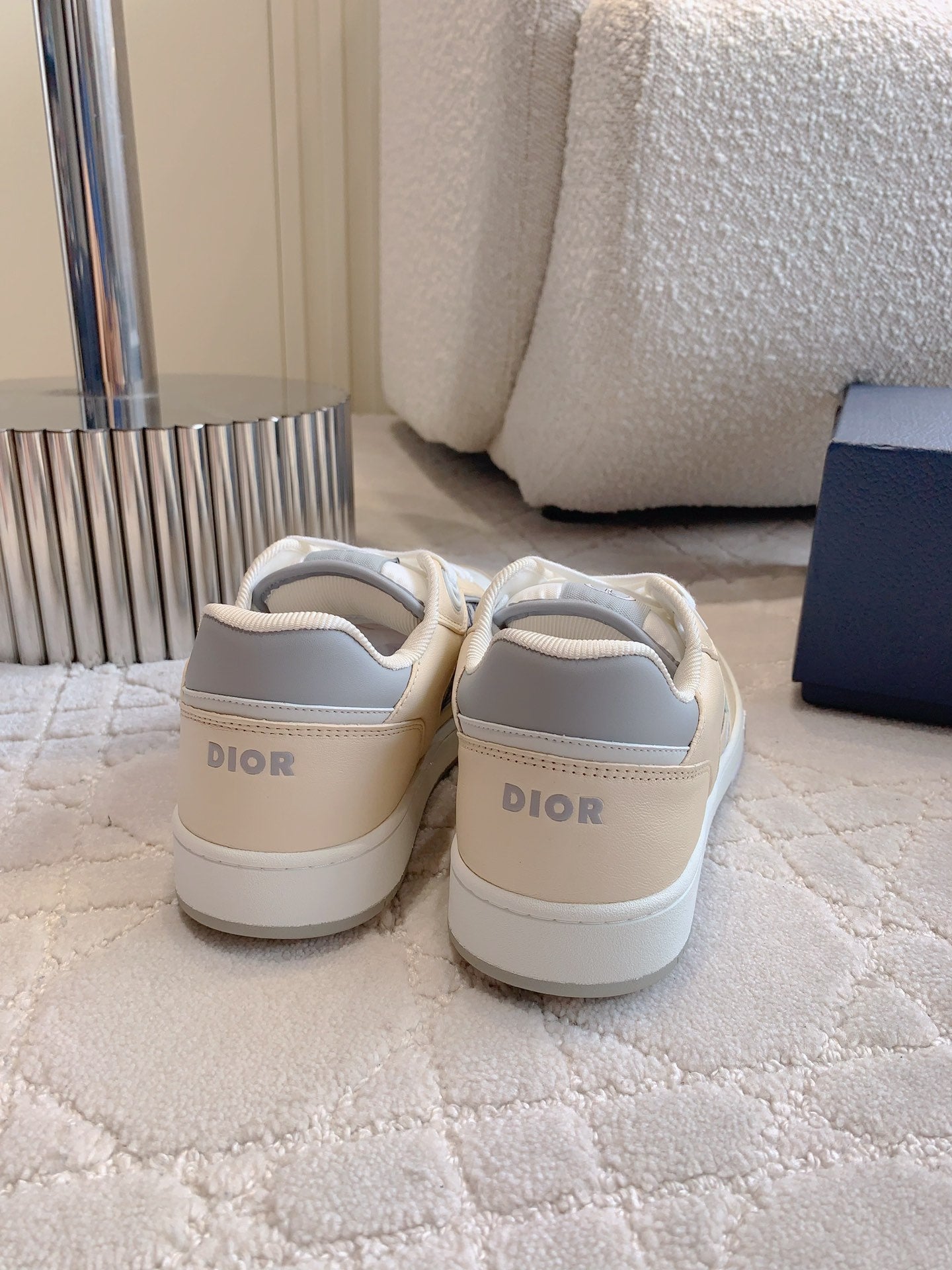 CD B27 Low-Top Sneaker White Beige Mix Charcoal Blue Print Calfskin And Oblique Jacquard