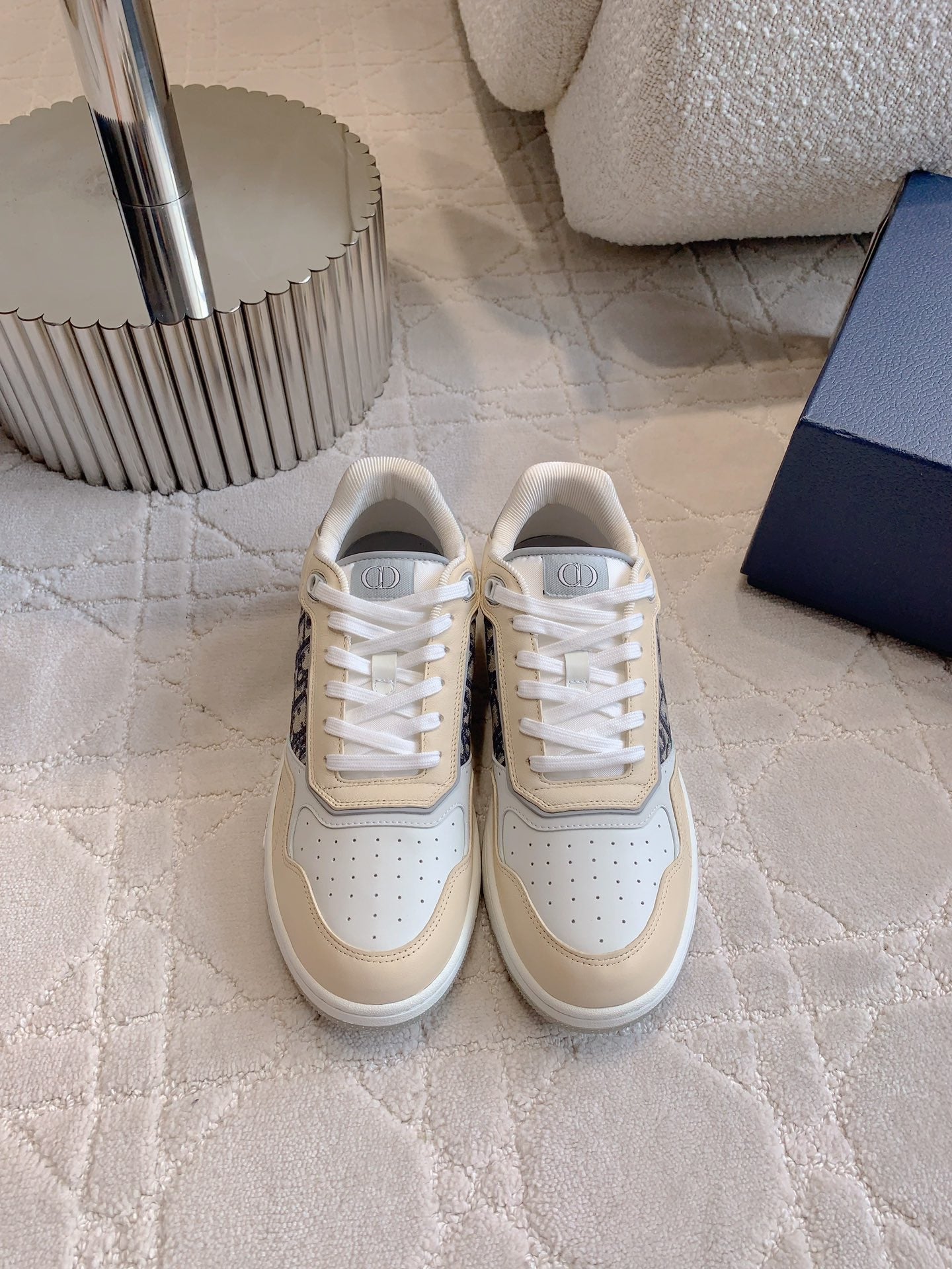 CD B27 Low-Top Sneaker White Beige Mix Charcoal Blue Print Calfskin And Oblique Jacquard