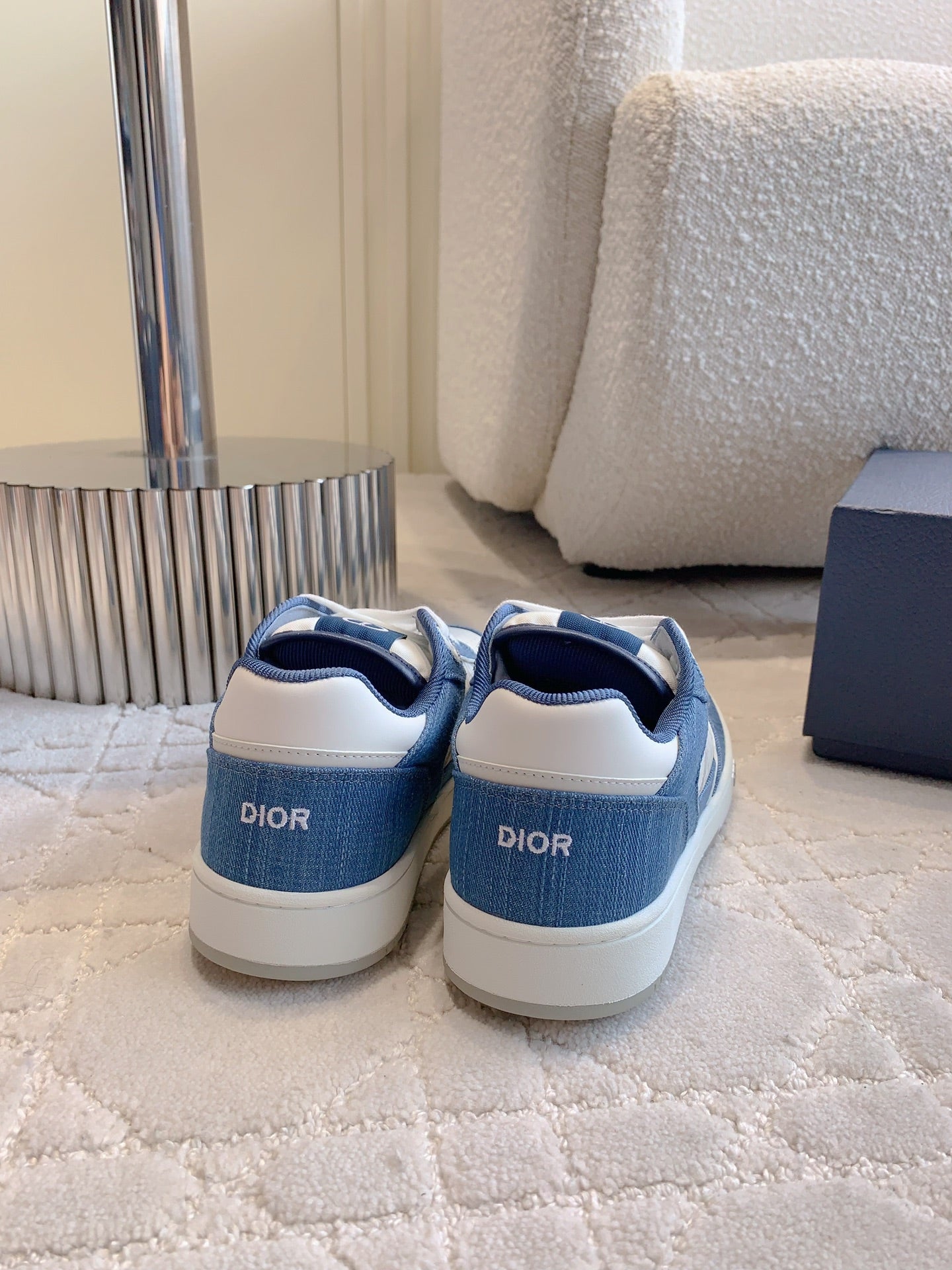 CD B27 Low-Top Sneaker White Blue Print Calfskin And Denim Fabric