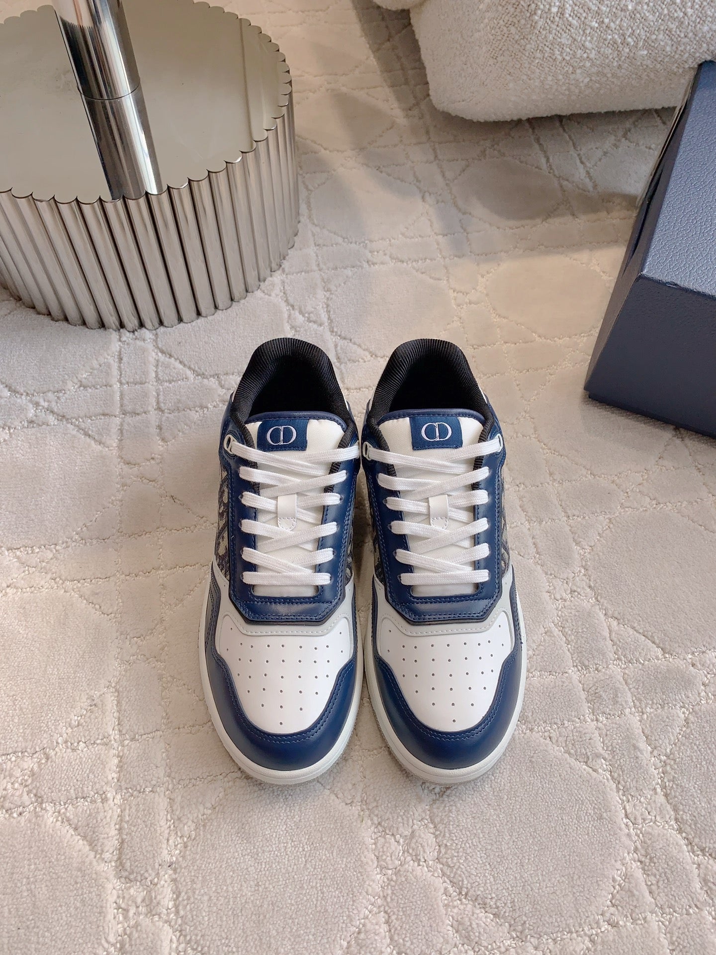 CD B27 Low-Top Sneaker White Blue Print Calfskin And Oblique Jacquard Fabric