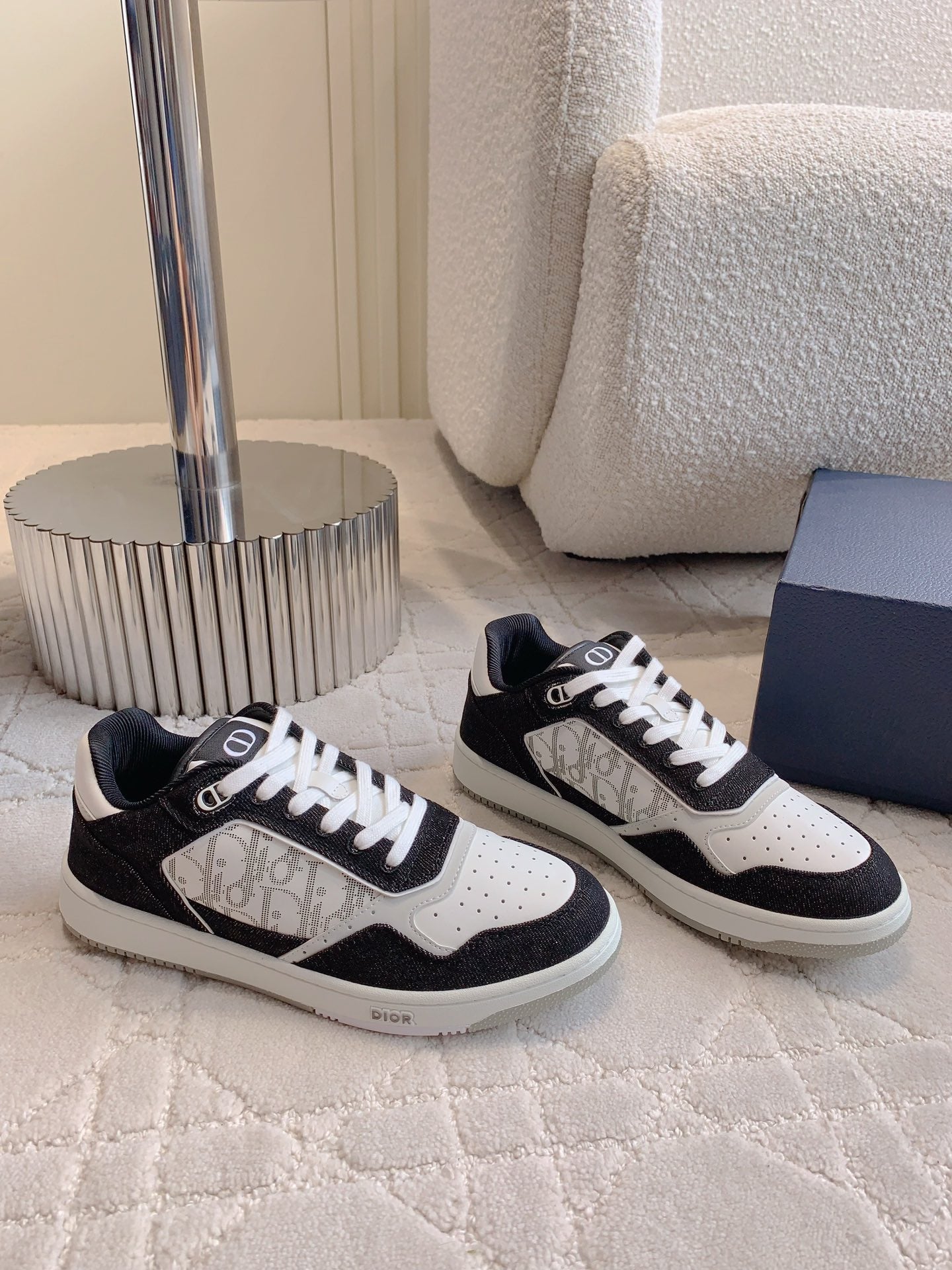 CD B27 Low-Top Sneaker Black White Print Calfskin And Denim Fabric