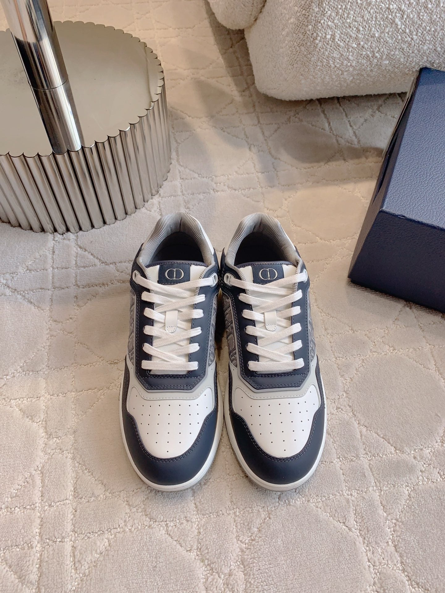 CD B27 Low-Top Sneaker White Charcoal Blue Print Calfskin And Oblique Jacquard Fabric