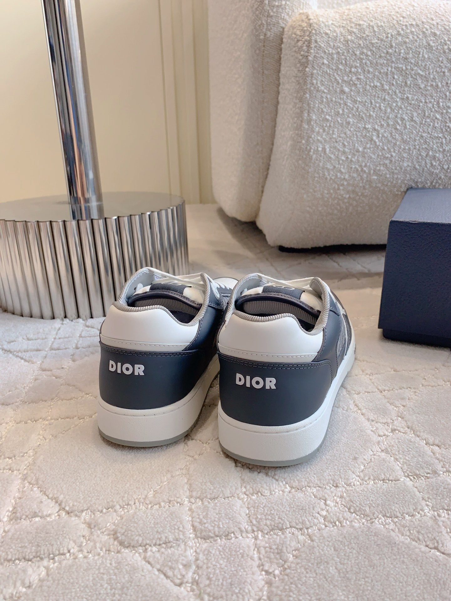 CD B27 Low-Top Sneaker White Charcoal Blue Print Calfskin And Oblique Jacquard Fabric