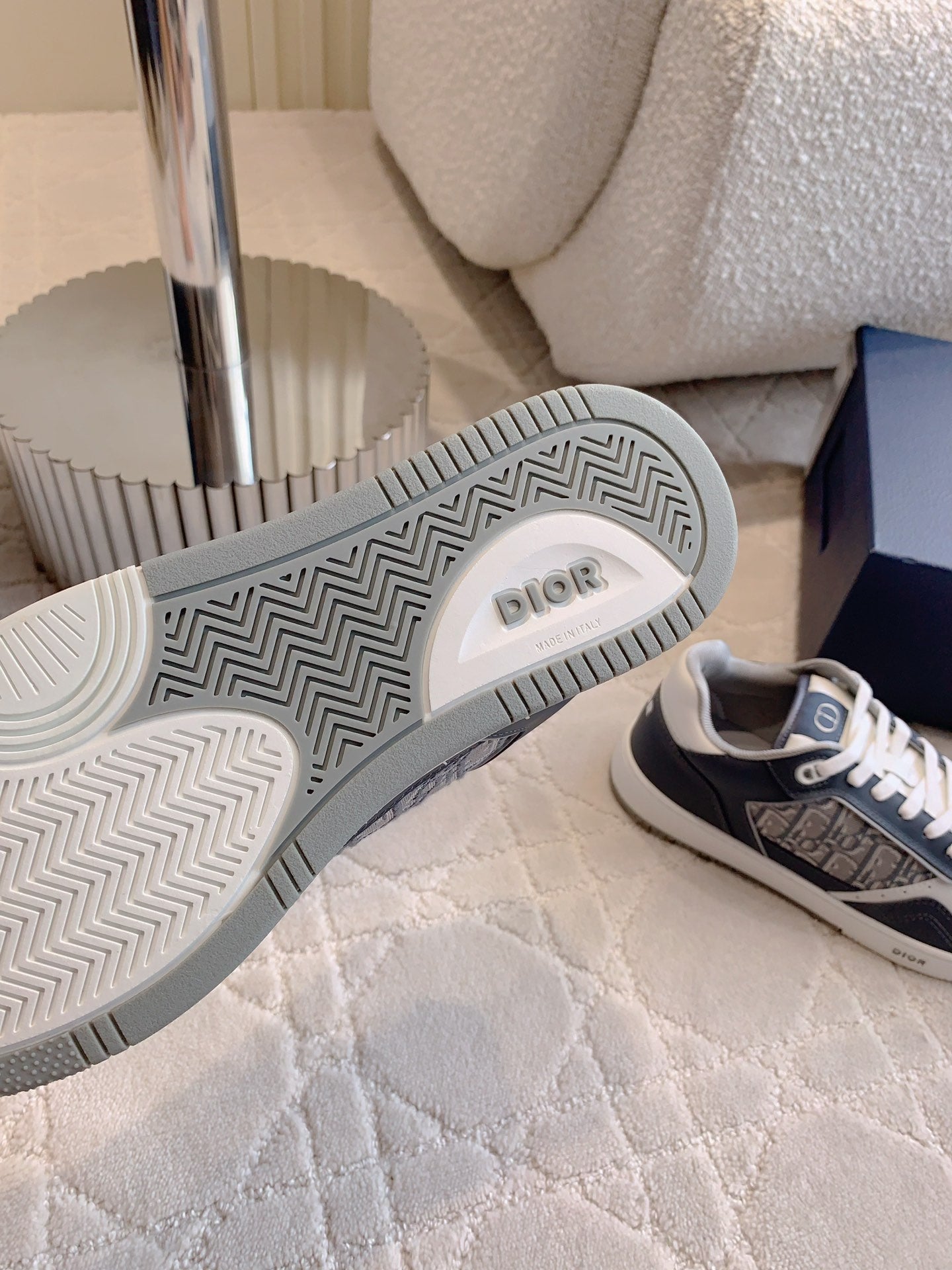 CD B27 Low-Top Sneaker White Charcoal Blue Print Calfskin And Oblique Jacquard Fabric