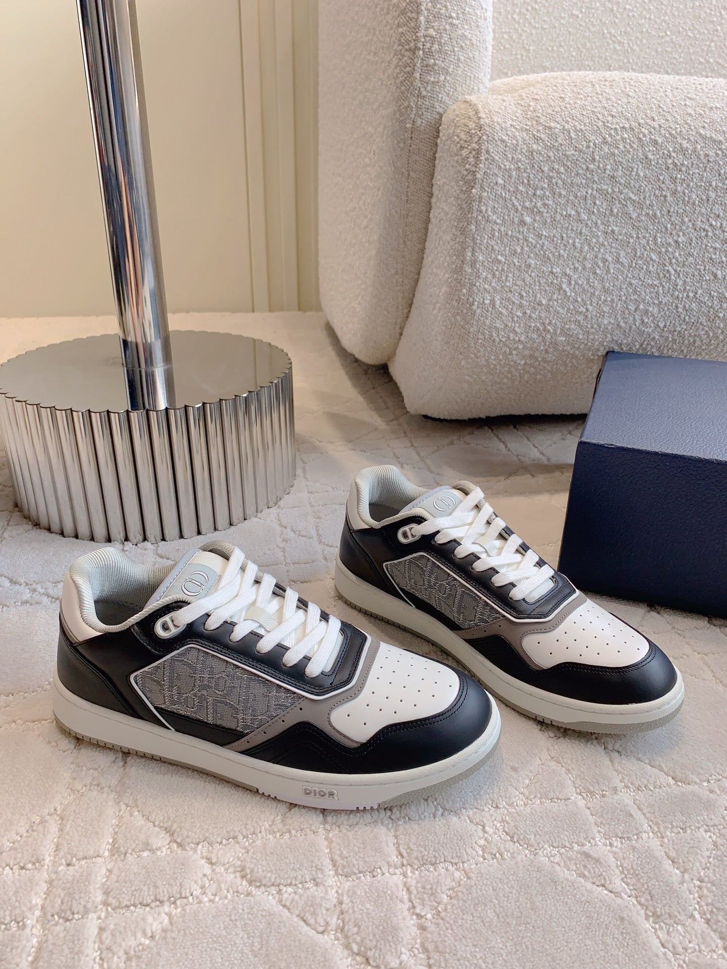 CD B27 Low-Top Sneaker Black Grey Mix White Calfskin And Oblique Jacquard Fabric