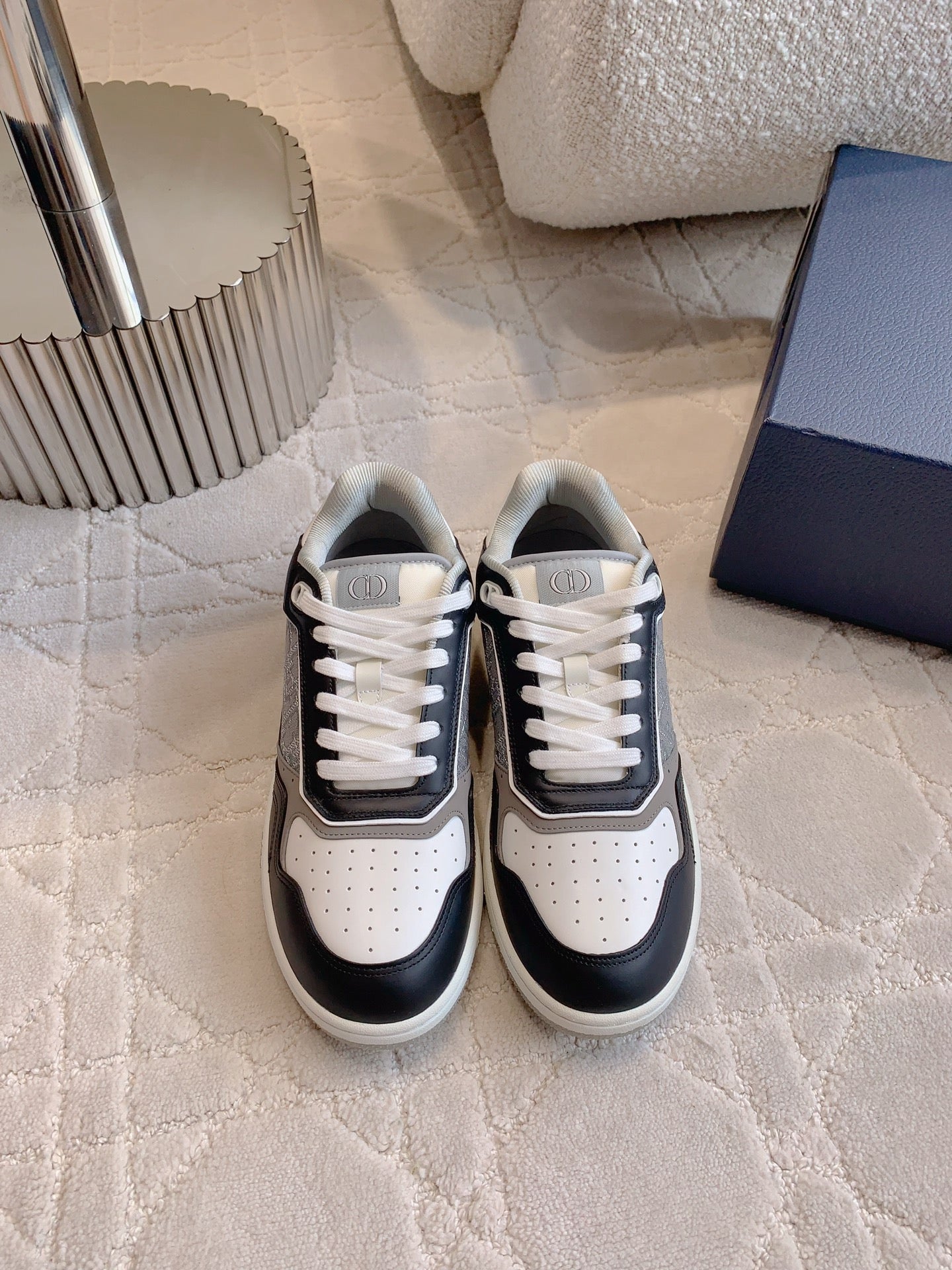 CD B27 Low-Top Sneaker Black Grey Mix White Calfskin And Oblique Jacquard Fabric