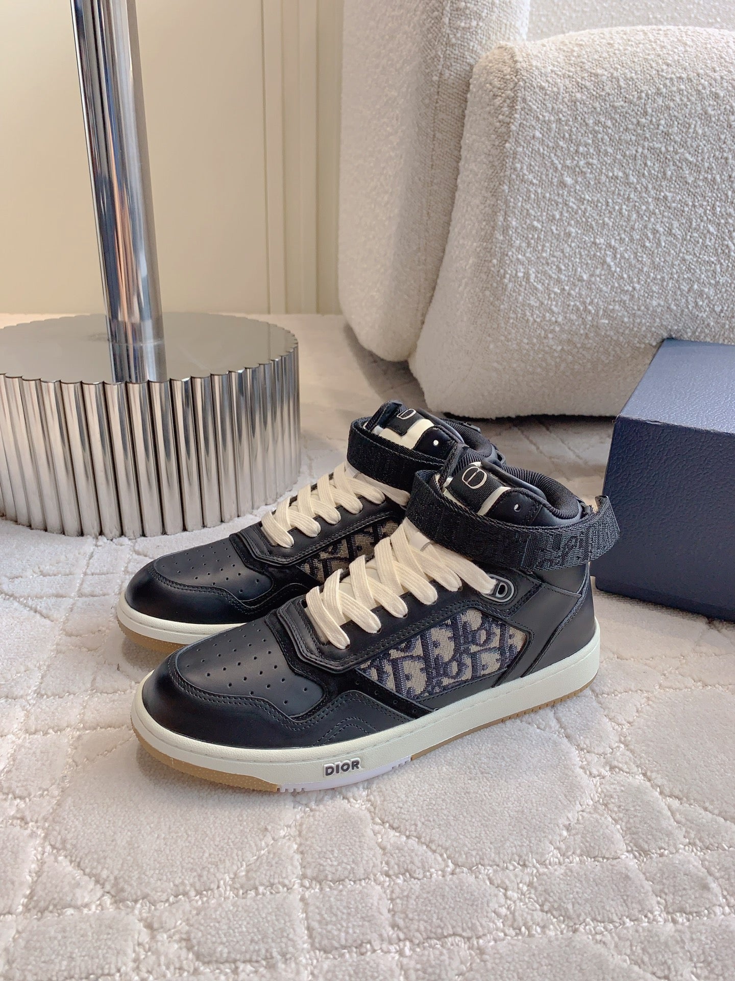 CD B27 High-Top Sneaker Black Charcoal Blue Print Calfskin And Oblique Jacquard Fabric