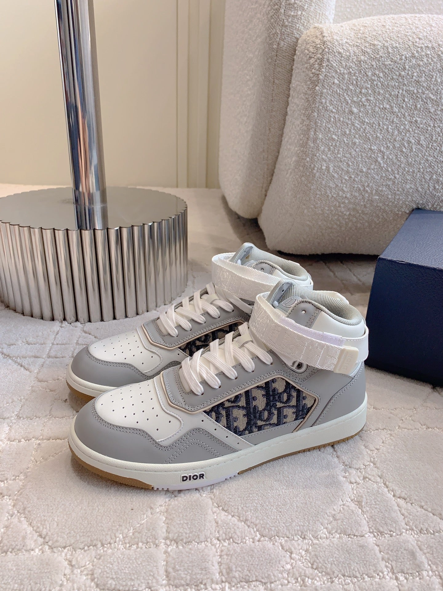 CD B27 High-Top Sneaker White Grey Print Calfskin And Oblique Jacquard Fabric