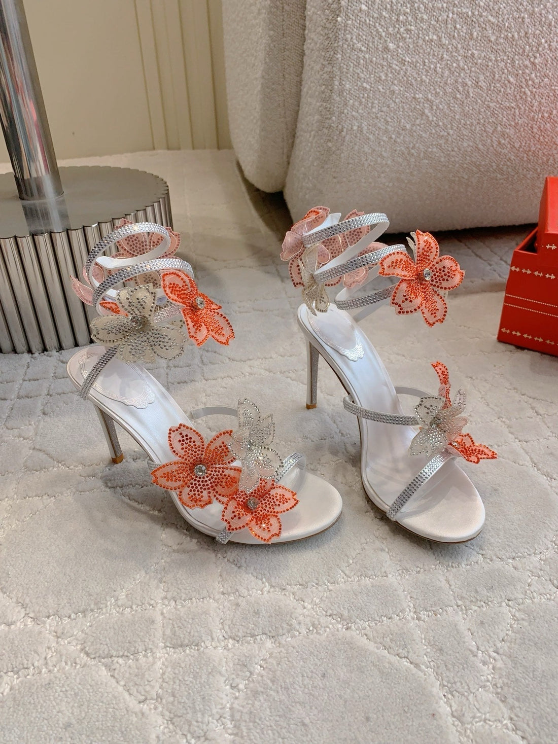RC Flower Sandals Silver Sheepskin Rhinestones 328464