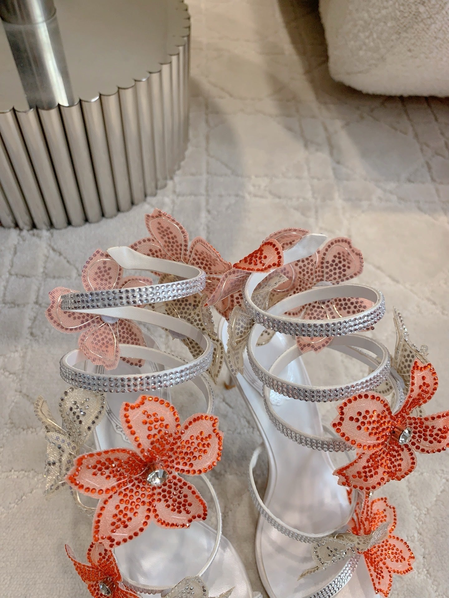 RC Flower Sandals Silver Sheepskin Rhinestones 328464