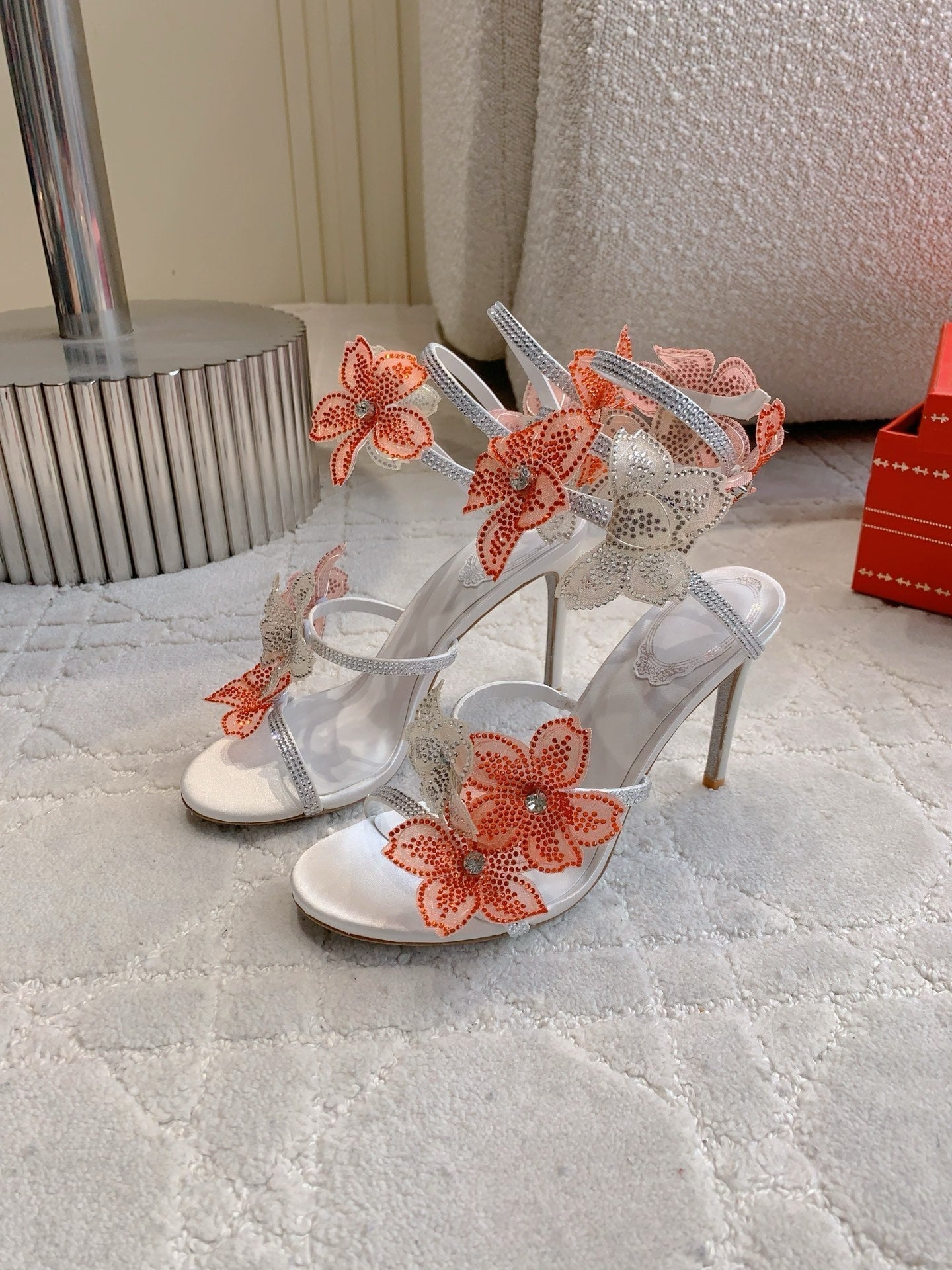 RC Flower Sandals Silver Sheepskin Rhinestones 328464