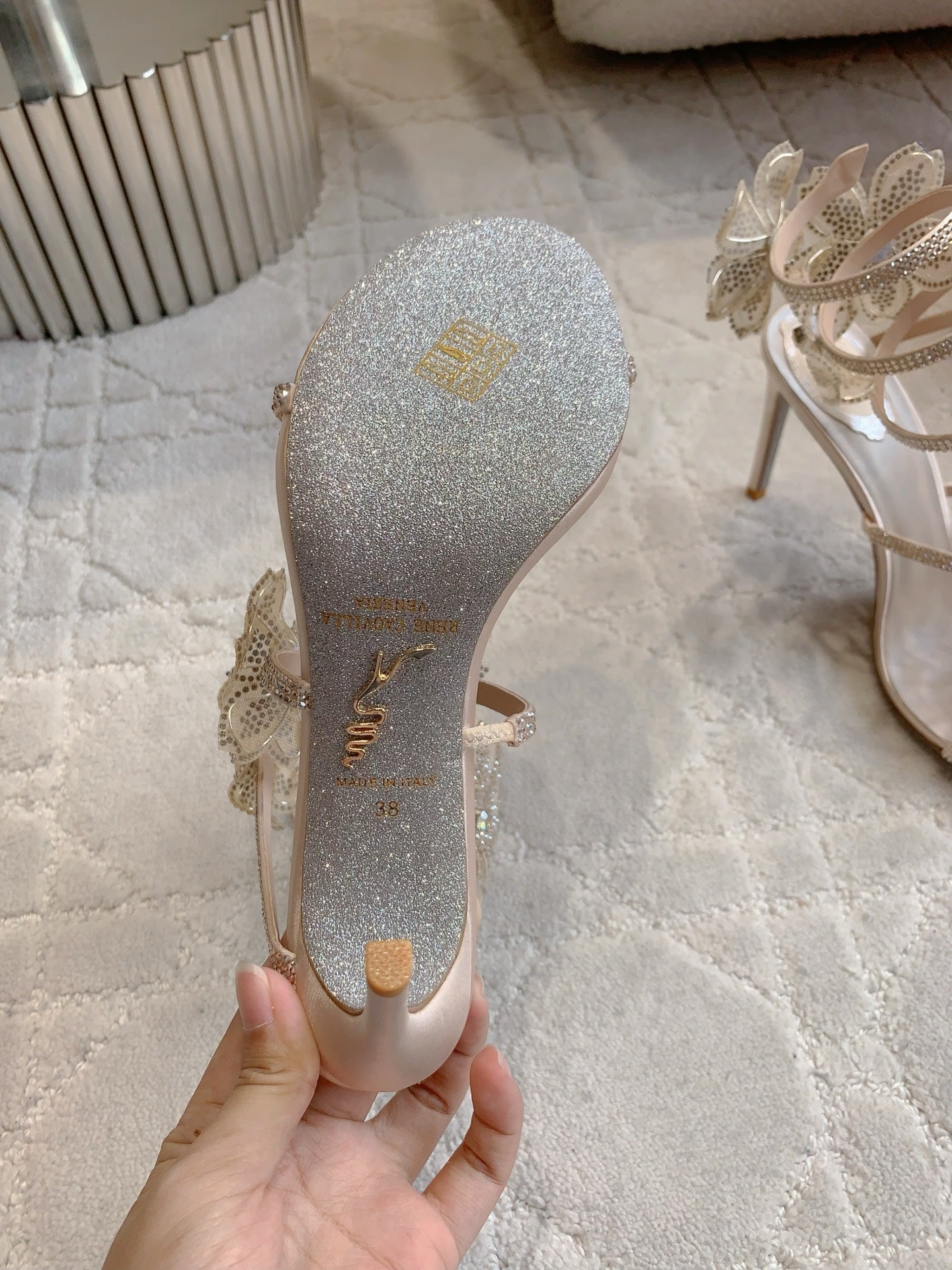 RC Flower Sandals Beige Sheepskin Rhinestones 328467