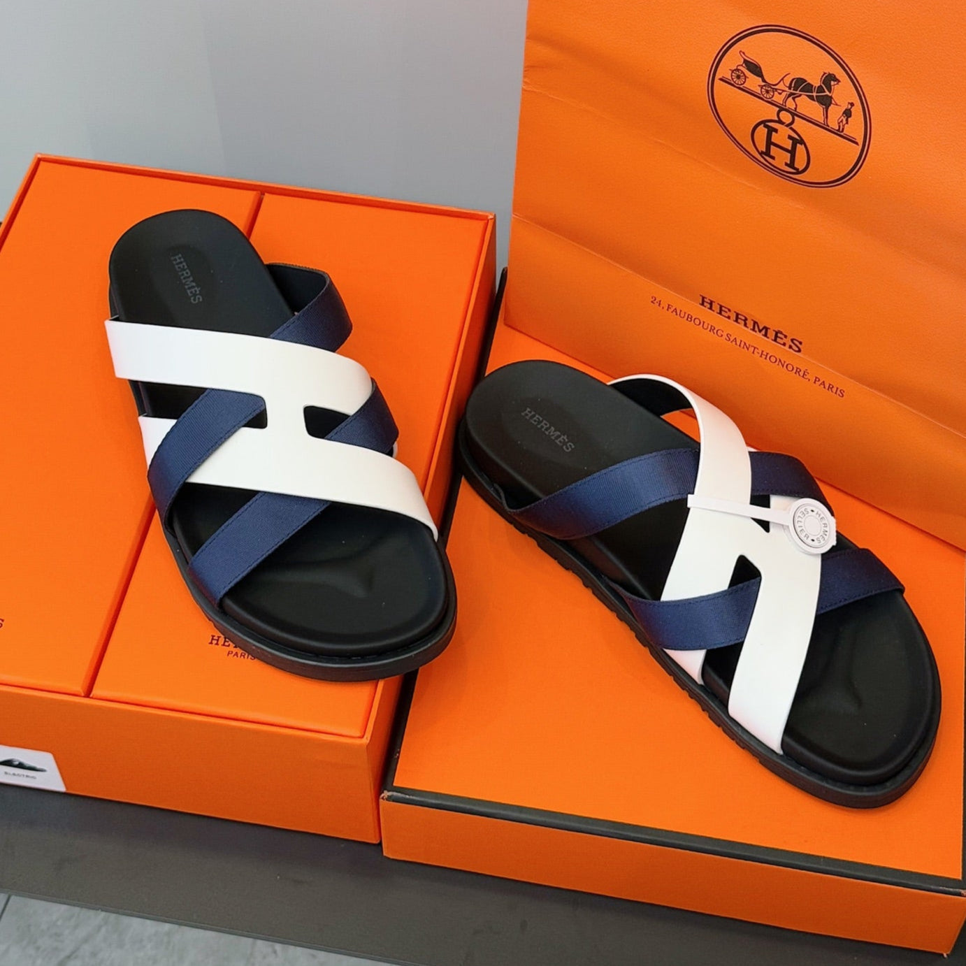 HM Men's Kazimir Slide Navy Blue White Calfskin 562773