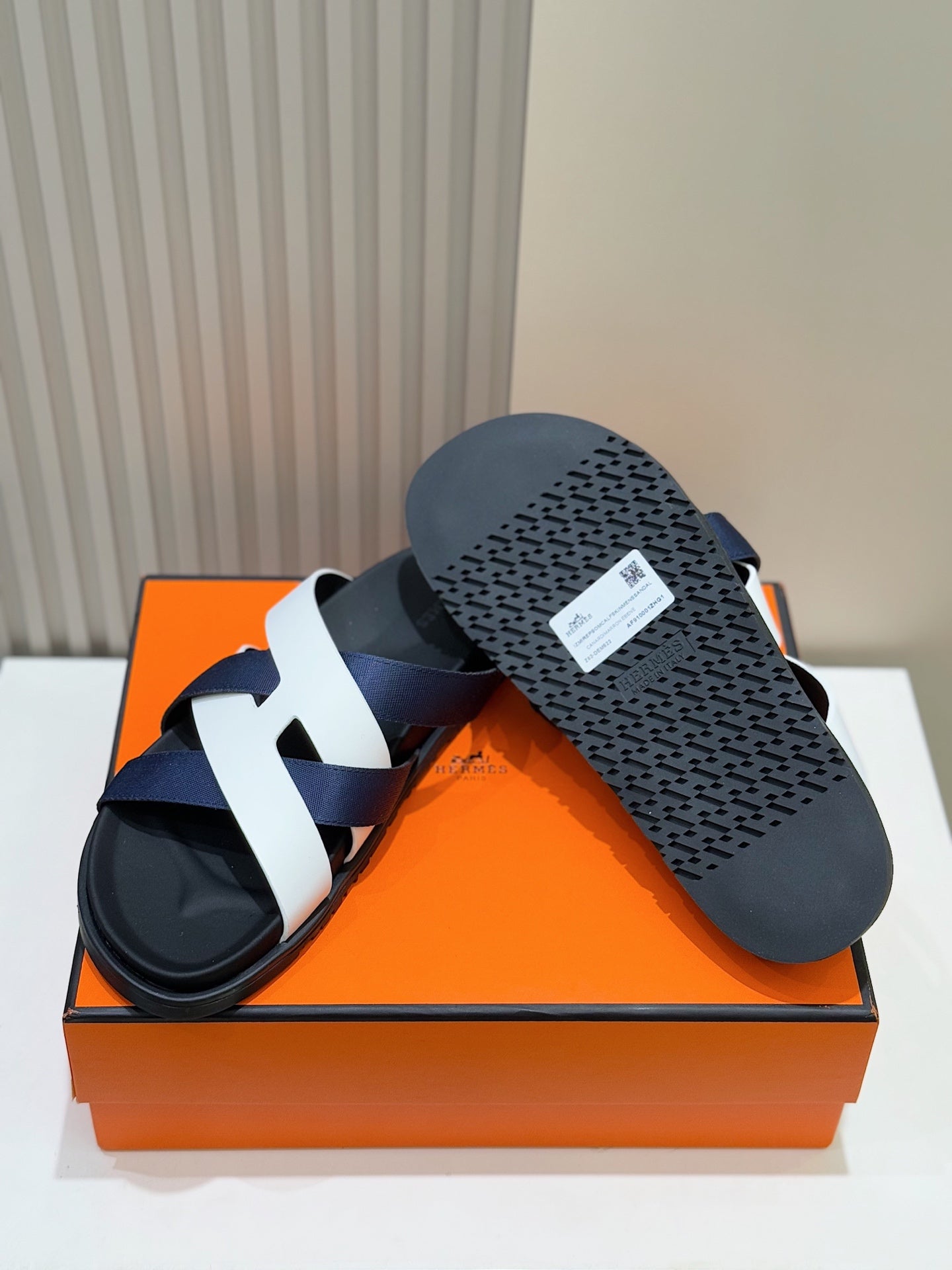 HM Men's Kazimir Slide Navy Blue White Calfskin 562773