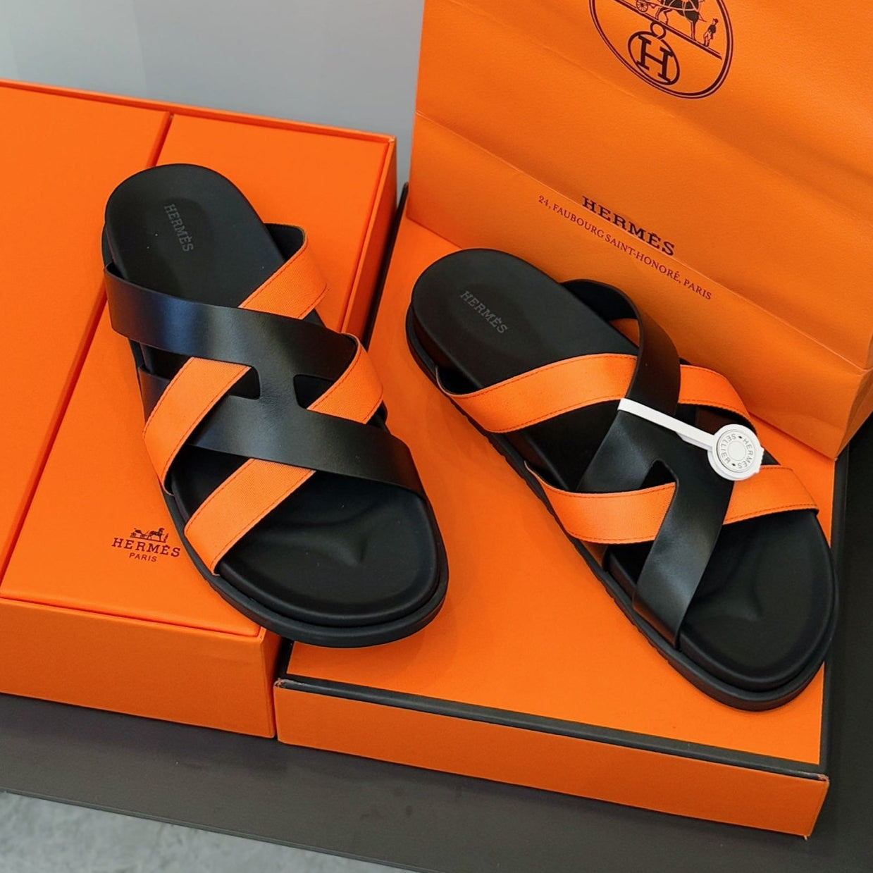 HM Men's Kazimir Slide Black Orange Calfskin 562774