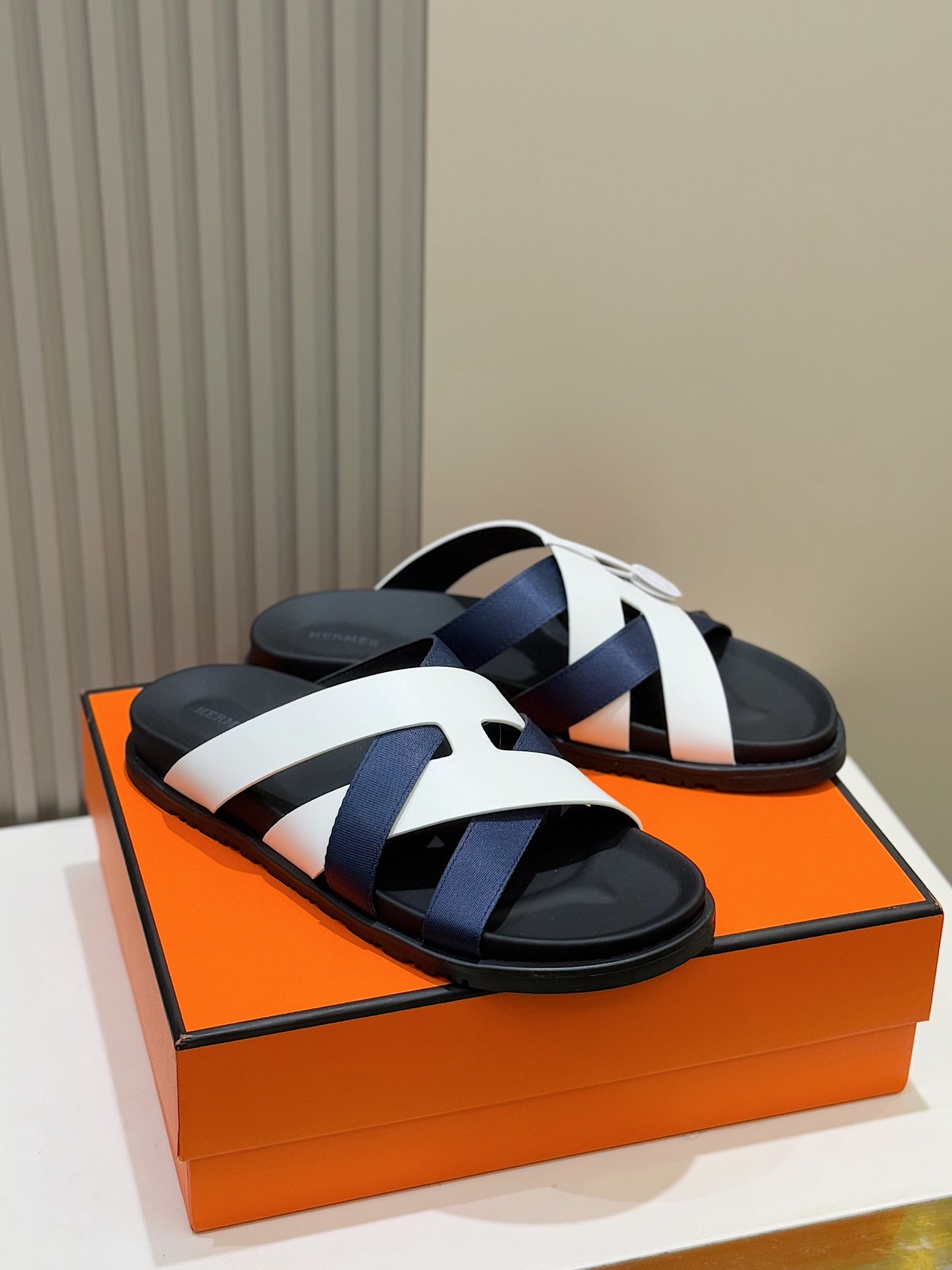 HM Men's Kazimir Slide Navy Blue White Calfskin 562773