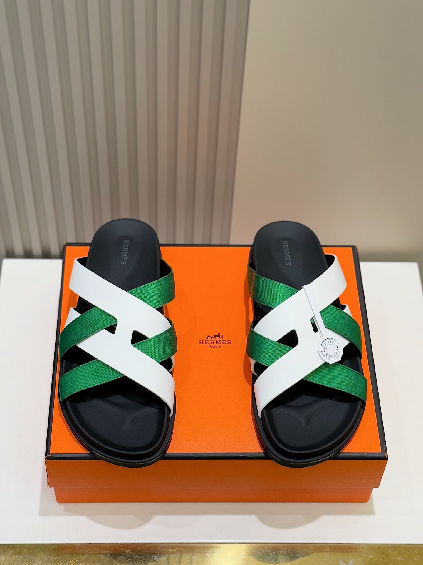 HM Men's Kazimir Slide Green White Calfskin 562776