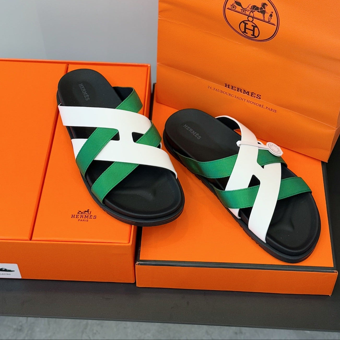 HM Men's Kazimir Slide Green White Calfskin 562776