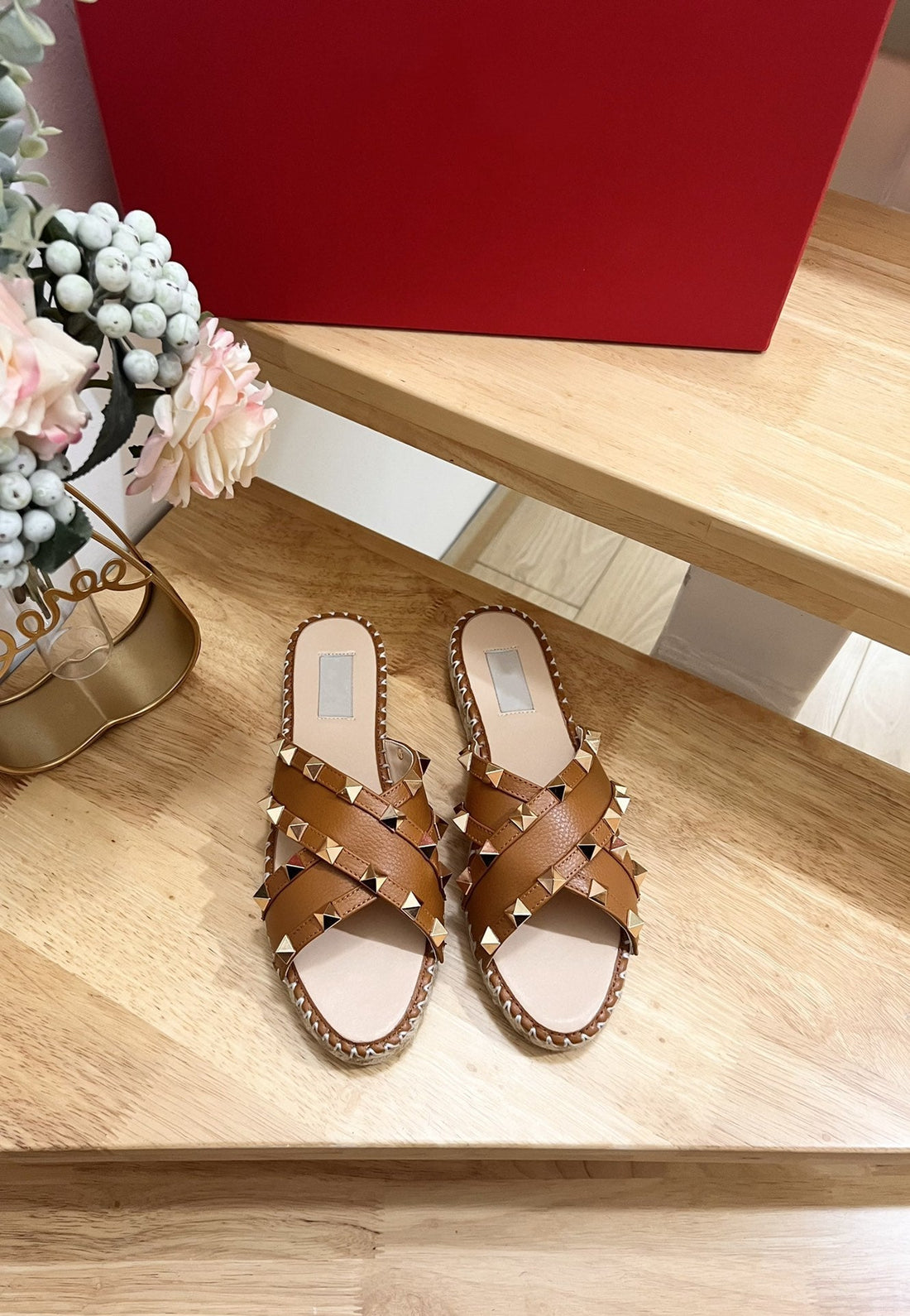 Rockstud Crisscross Espadrilles 20mm Sandal Wedges Tan