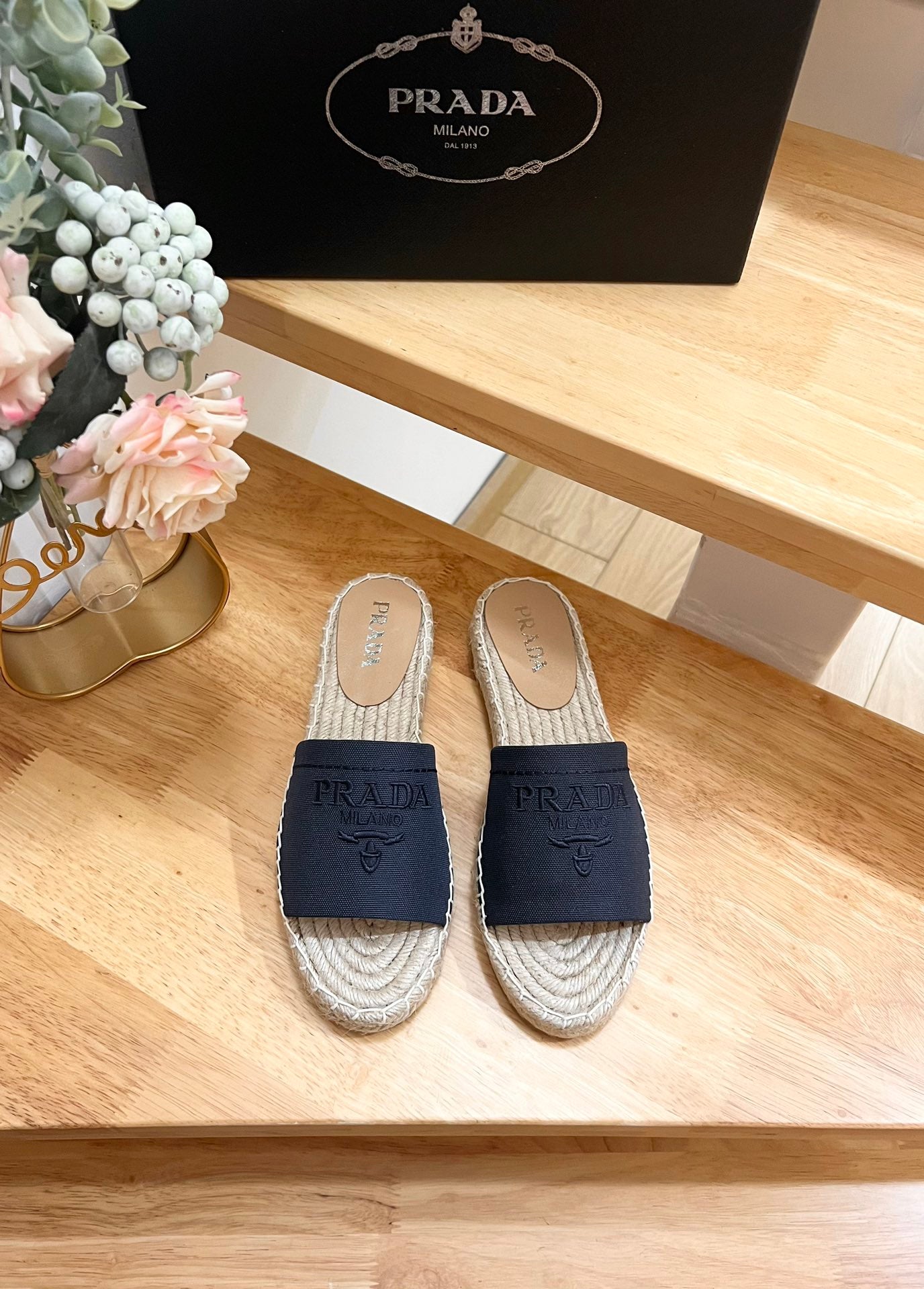 PRA CROCHET SLIPPERS NAVY LINEN FABRIC